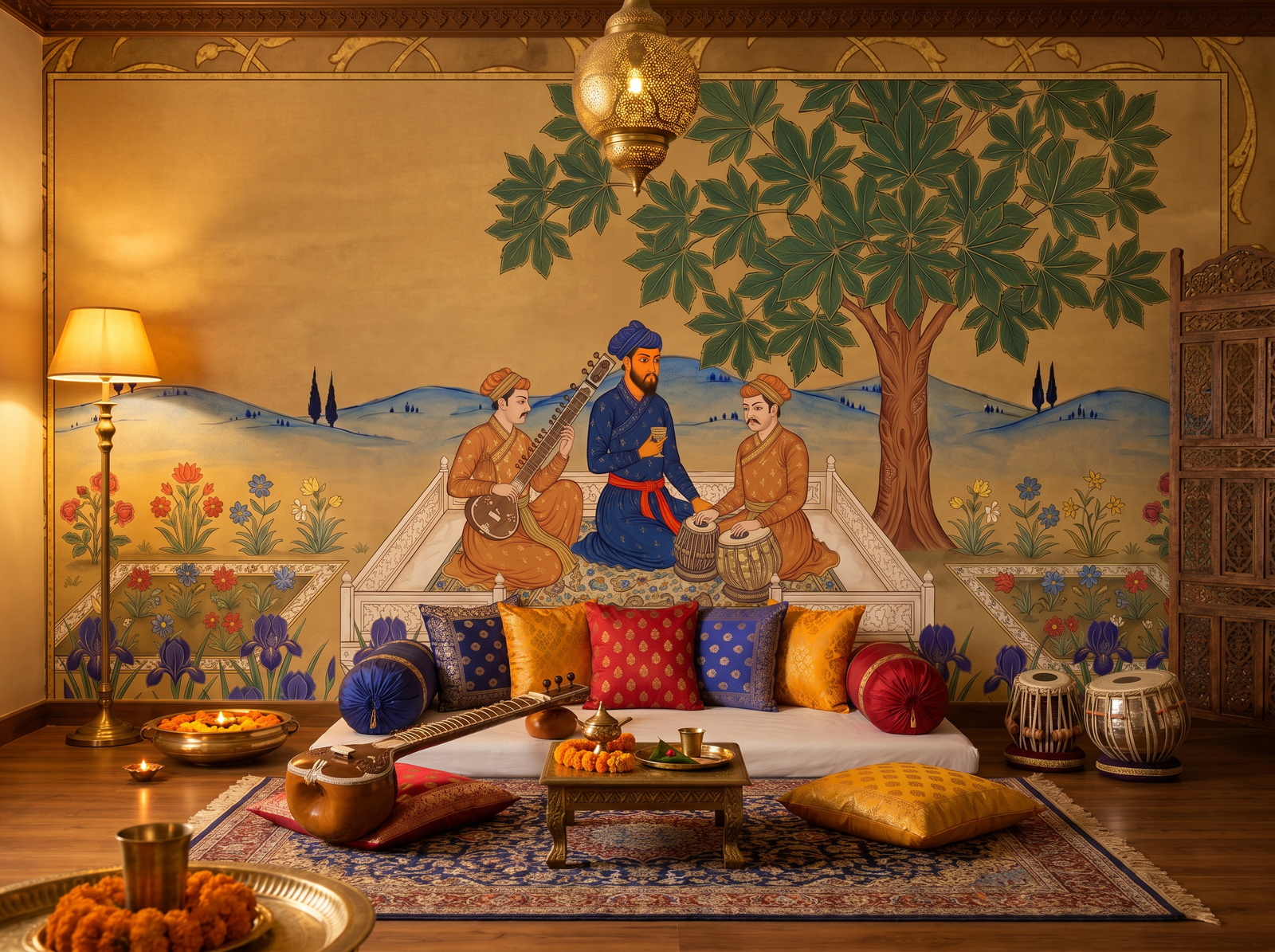 Mughal Miniature Garden scenic wallpaper mural on the feature wall of an eclectic study, in a golden yellow-and-ochre palette — The Wall Shawl.