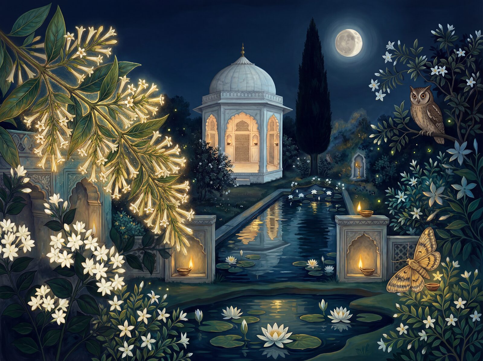 Mural wallpaper featuring a Mughal garden at night with Night Indigo, Diya Gold, and Jasmine Ghost hues. Made to order.
