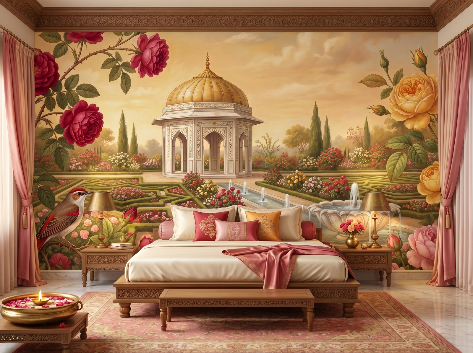 Mughal Rose Garden scenic wallpaper mural on the feature wall of an English-country bedroom, in a warm orange palette — The Wall Shawl.
