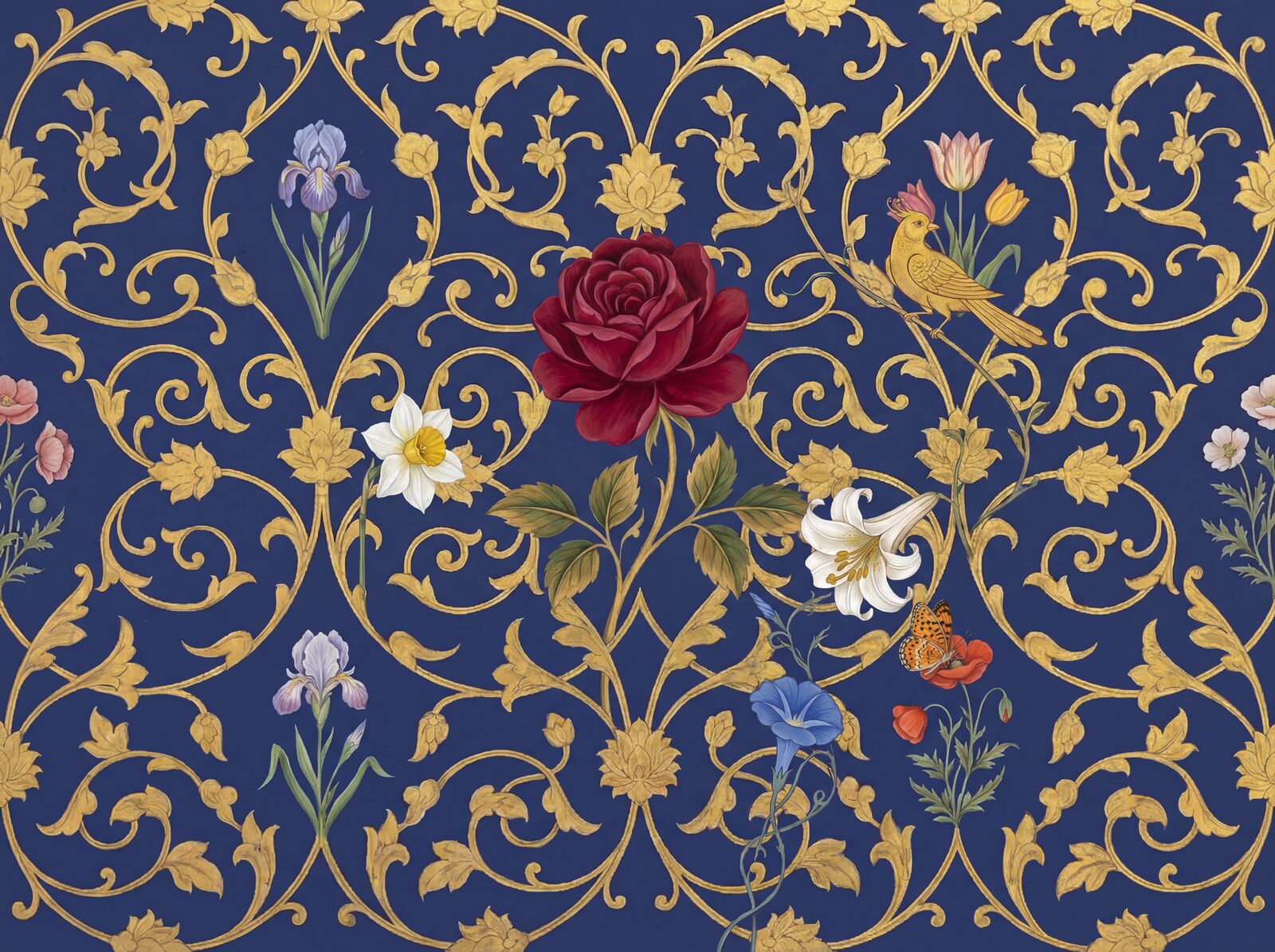 Luxurious Mughal-inspired wallpaper featuring lapis, gold, and floral hues. Made to order.