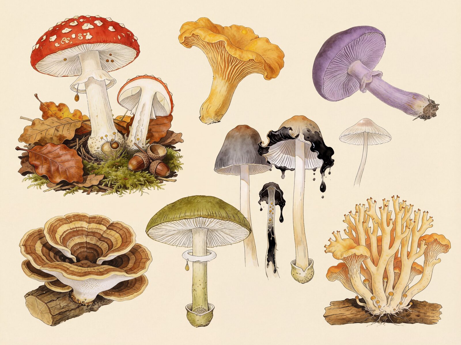 Explore the mysterious beauty of an autumnal woodland floor with our Mushroom Atlas mural. Featuring Fly Agaric Red, Chanterelle Gold, and Death Cap Olive. Made to order.