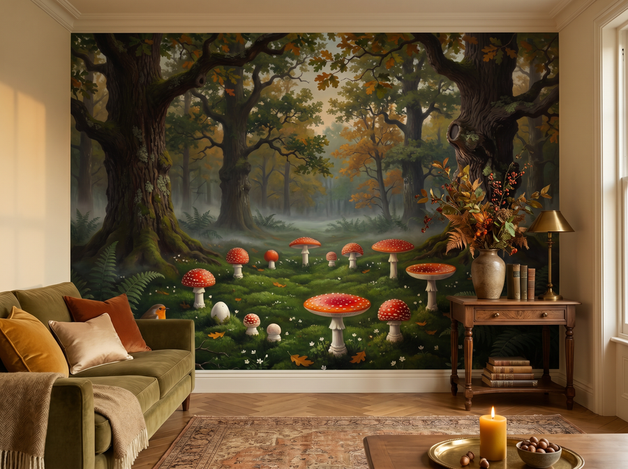 Mushroom Circle scenic wallpaper mural on the feature wall of a biophilic study, in a rich red-and-burgundy palette — The Wall Shawl.