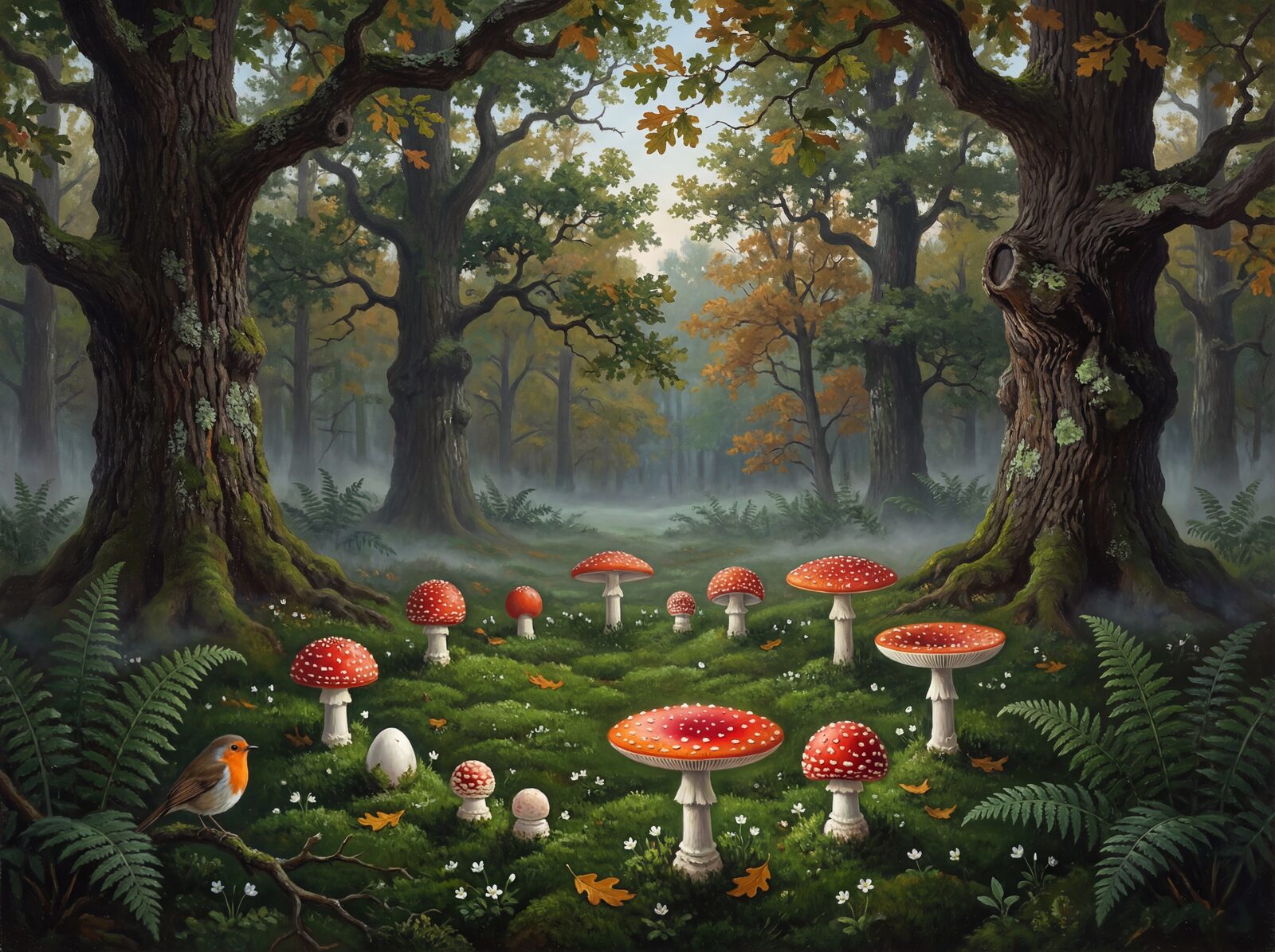 An enchanted mushroom circle in an ancient English oakwood, vivid scarlet and deep emerald. Made to order.