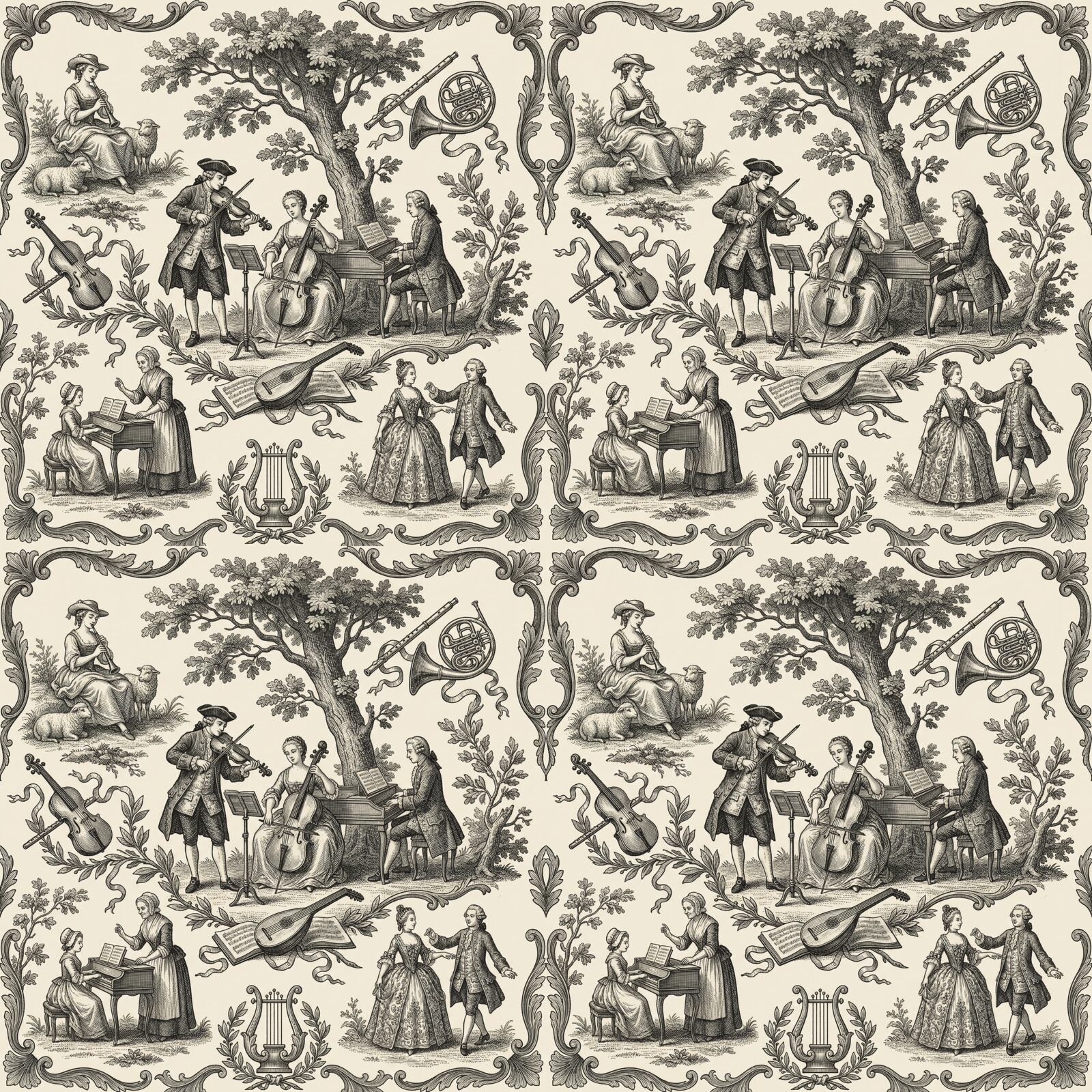 Experience 18th-century musical life in copperplate on French Cream. Harmonious scenes for music rooms. Made to order.