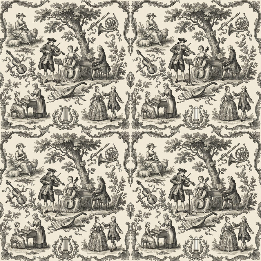 Experience 18th-century musical life in copperplate on French Cream. Harmonious scenes for music rooms. Made to order.