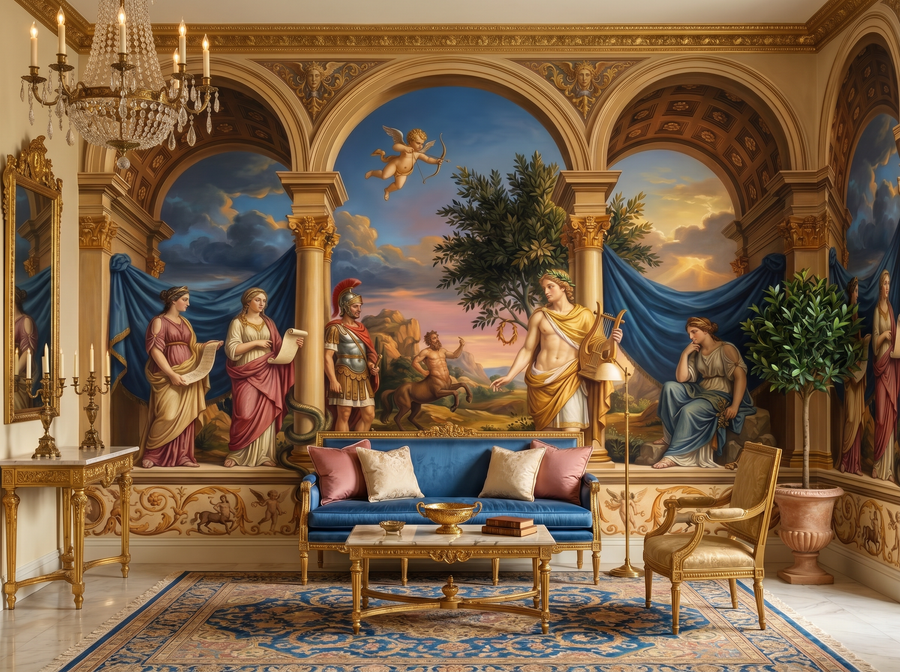 Mythological Assembly scenic wallpaper mural on the feature wall of a traditional dining room, in a soft grey palette — The Wall Shawl.