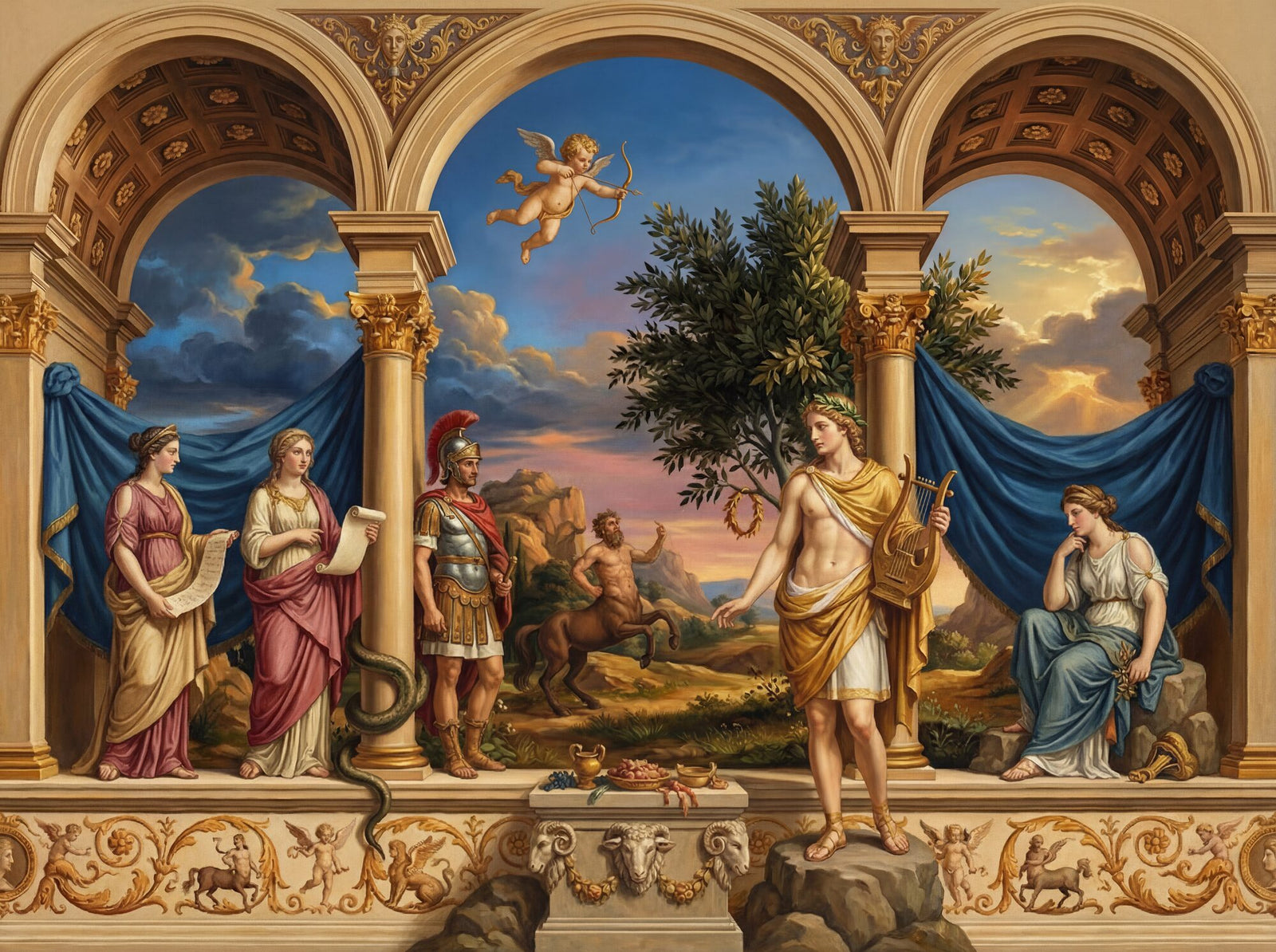 Mythological mural wallpaper: Apollo with lyre at centre beneath gilded Roman arches, flanked by the Muses and a classical warrior, a centaur in the distance, Cupid above, deep lapis blue drapery and gilded arabesque frieze