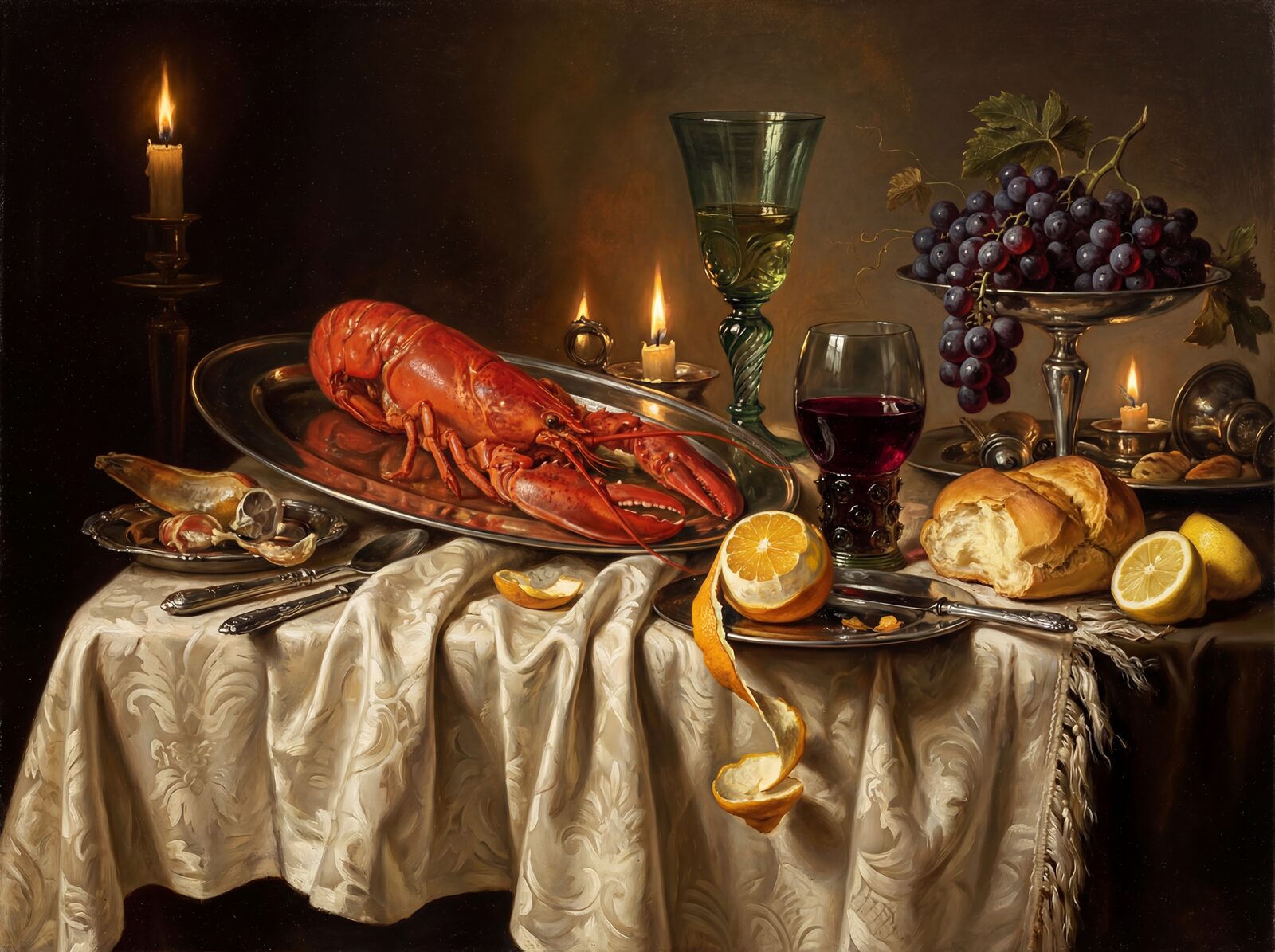 A sumptuous, dark banquet table after midnight, with lobster, silver, and Venetian glass. Profound darks, reds, and silvers. Made to order.