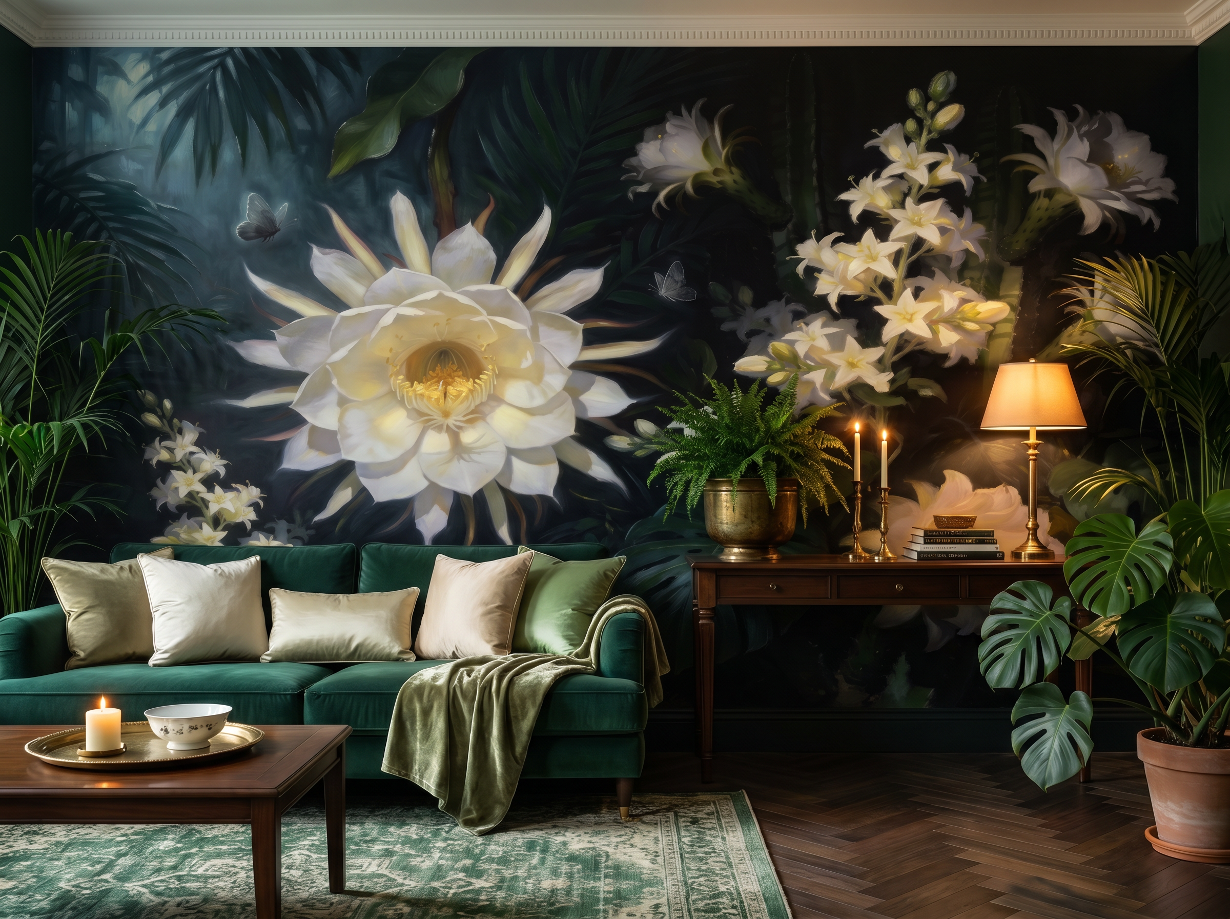 Night Bloom scenic wallpaper mural on the feature wall of a grandmillennial living room, in a moody black-and-charcoal palette — The Wall Shawl.