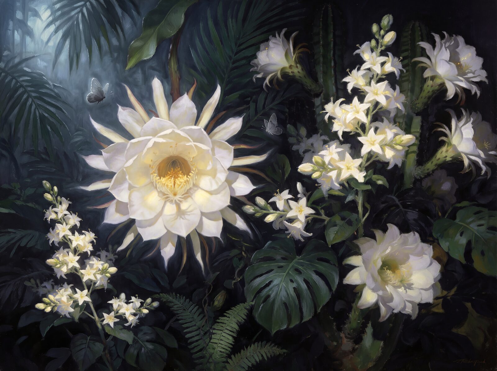 Experience the intoxicating beauty of a midnight garden. Deep green-black, luminous white, and gold accents. Made to order.