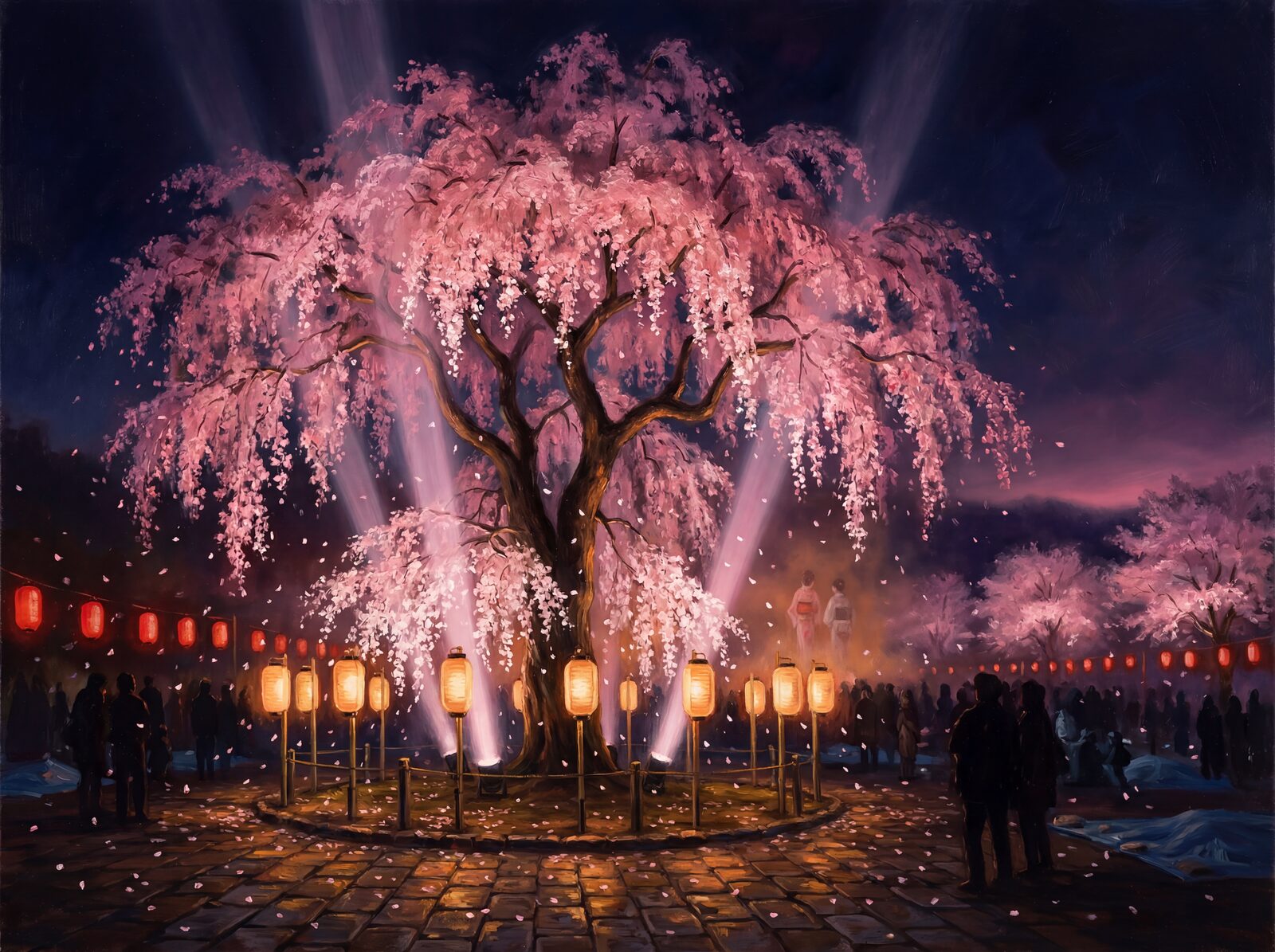 Illuminated cherry blossom tree in shades of pink and amber. Made to order.