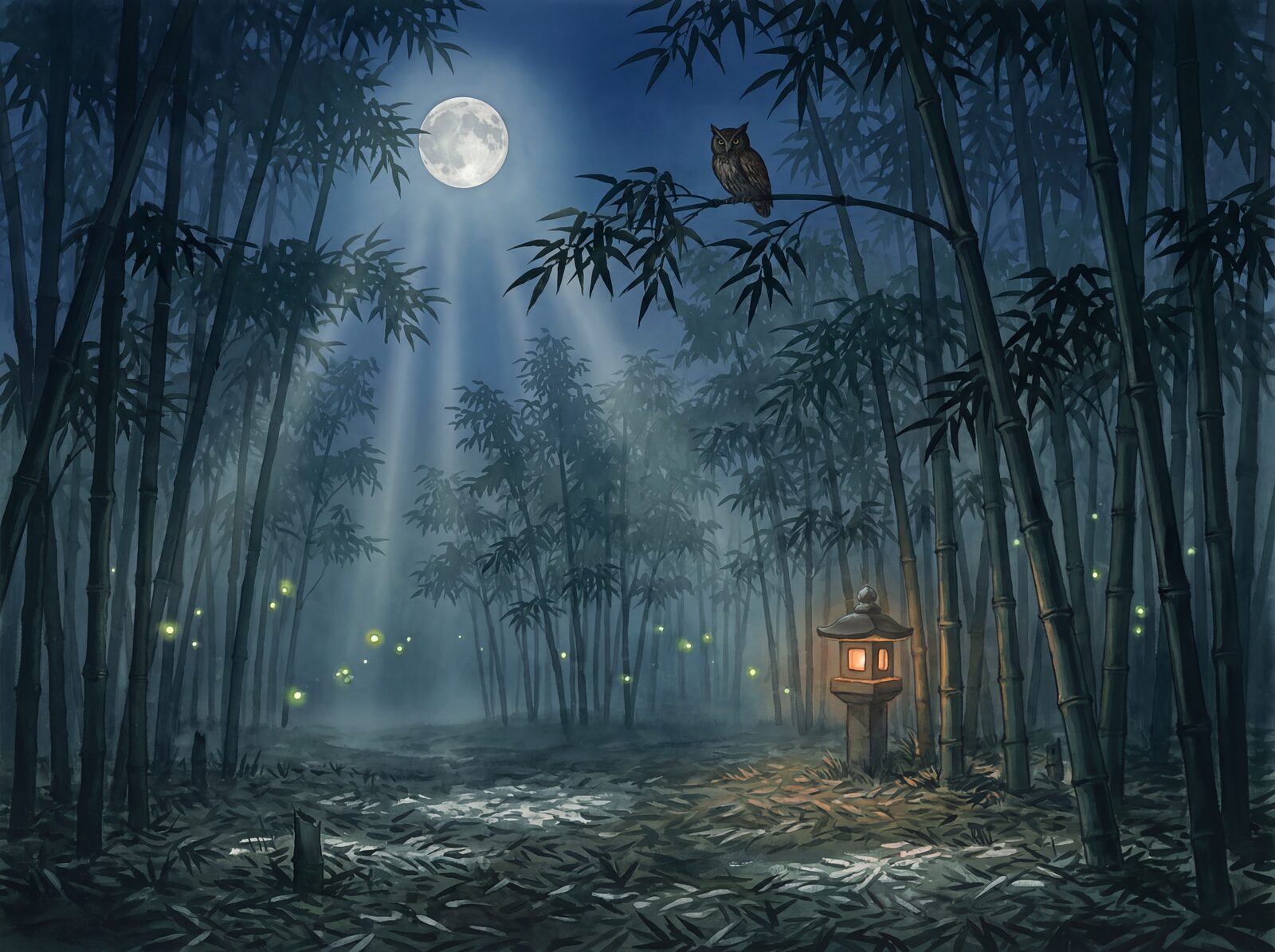 Immersive nocturnal bamboo forest with Midnight Green, Moon Bamboo, and Silver Glow hues. Made to order.