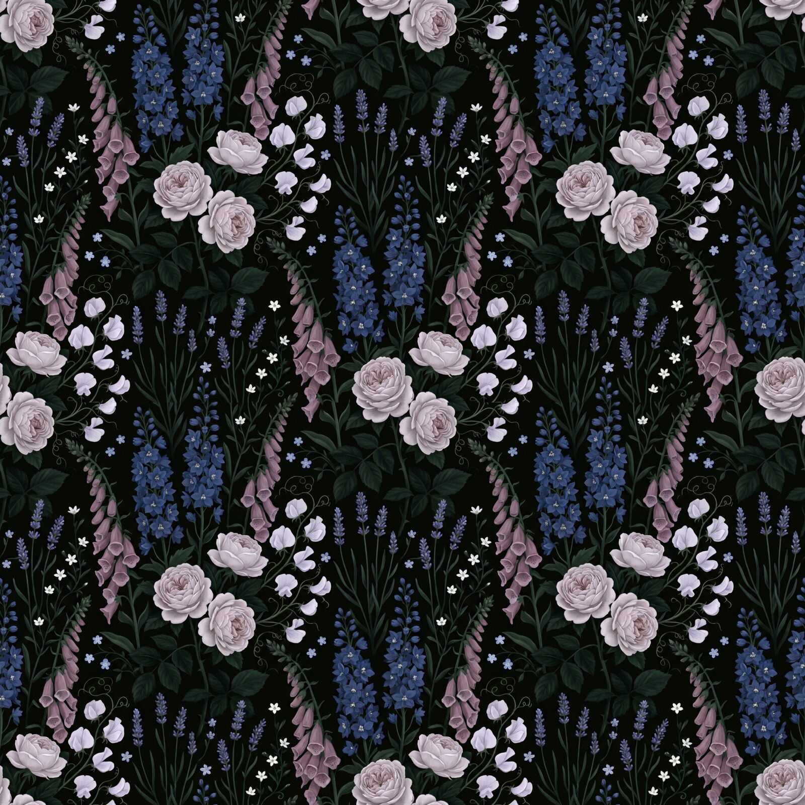 Step into an abundant midnight garden with this rich floral pattern in deep blues, silvers, and dusky mauves. Made to order.