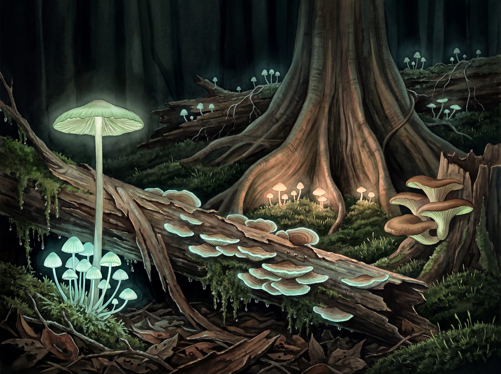 Immerse in a dark, mystical forest with bioluminescent fungi, Forest Dark, Foxfire Green, and Log Rot hues. Made to order.