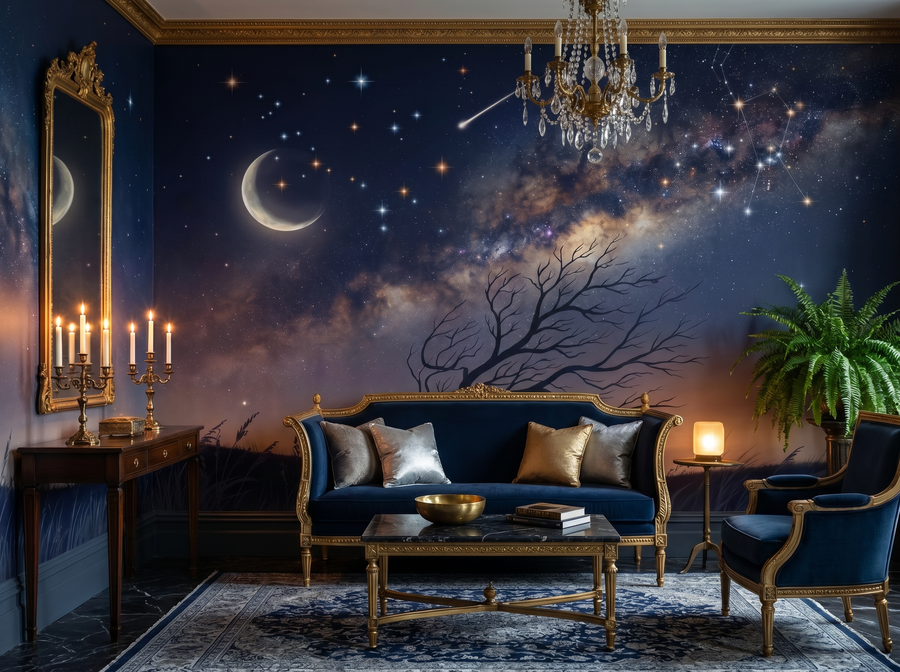 Meadow Nocturne scenic wallpaper mural on the feature wall of a dark-academia bedroom, in a soft grey palette — The Wall Shawl.