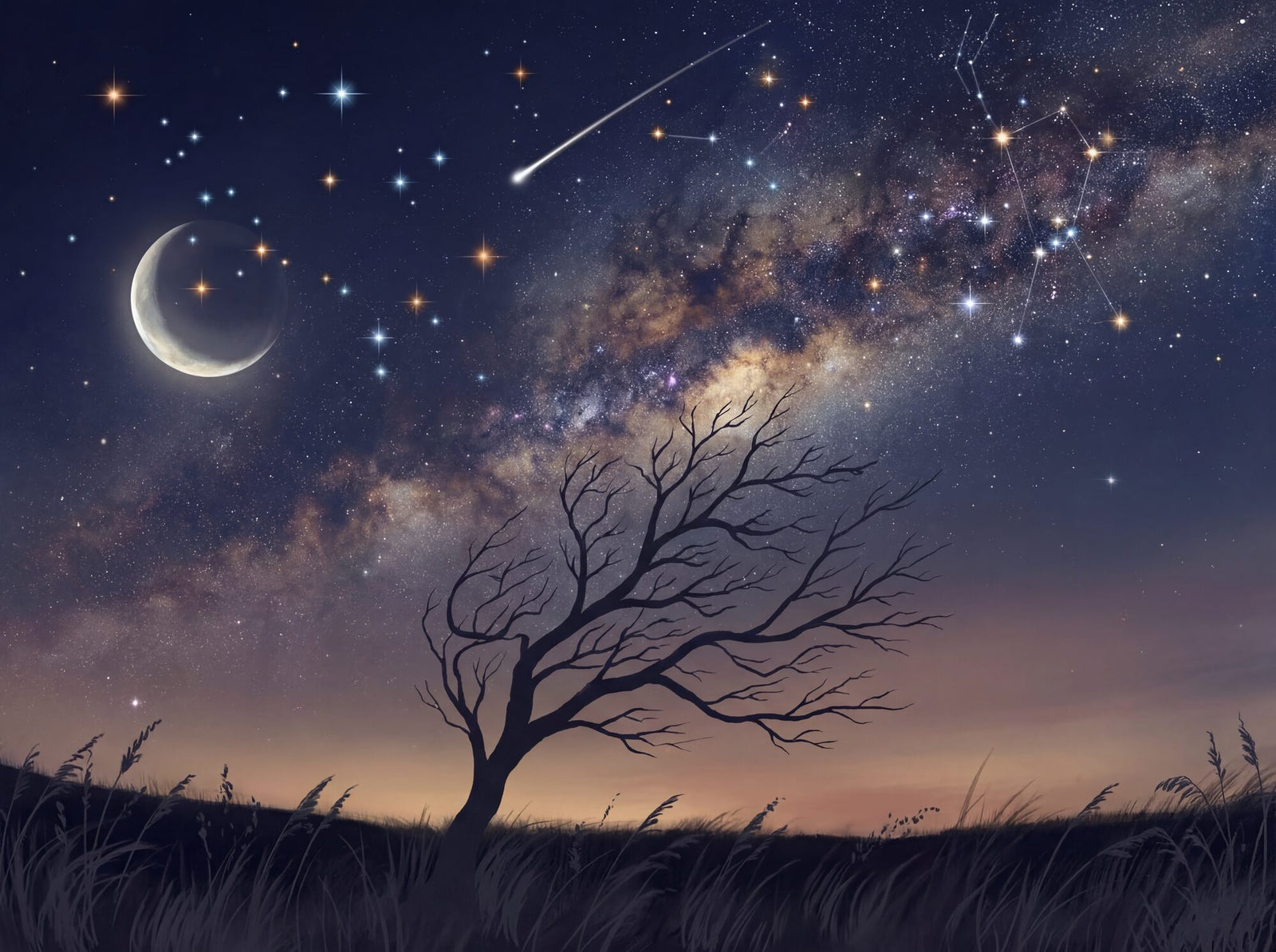 Atmospheric night-sky nocturne mural with deep navy-to-dusk-purple gradient, soft Milky Way diagonal band, Orion and Ursa Major constellations, crescent moon with gold halo, shooting star, and a lone bare tree silhouette against a hill on the horizon