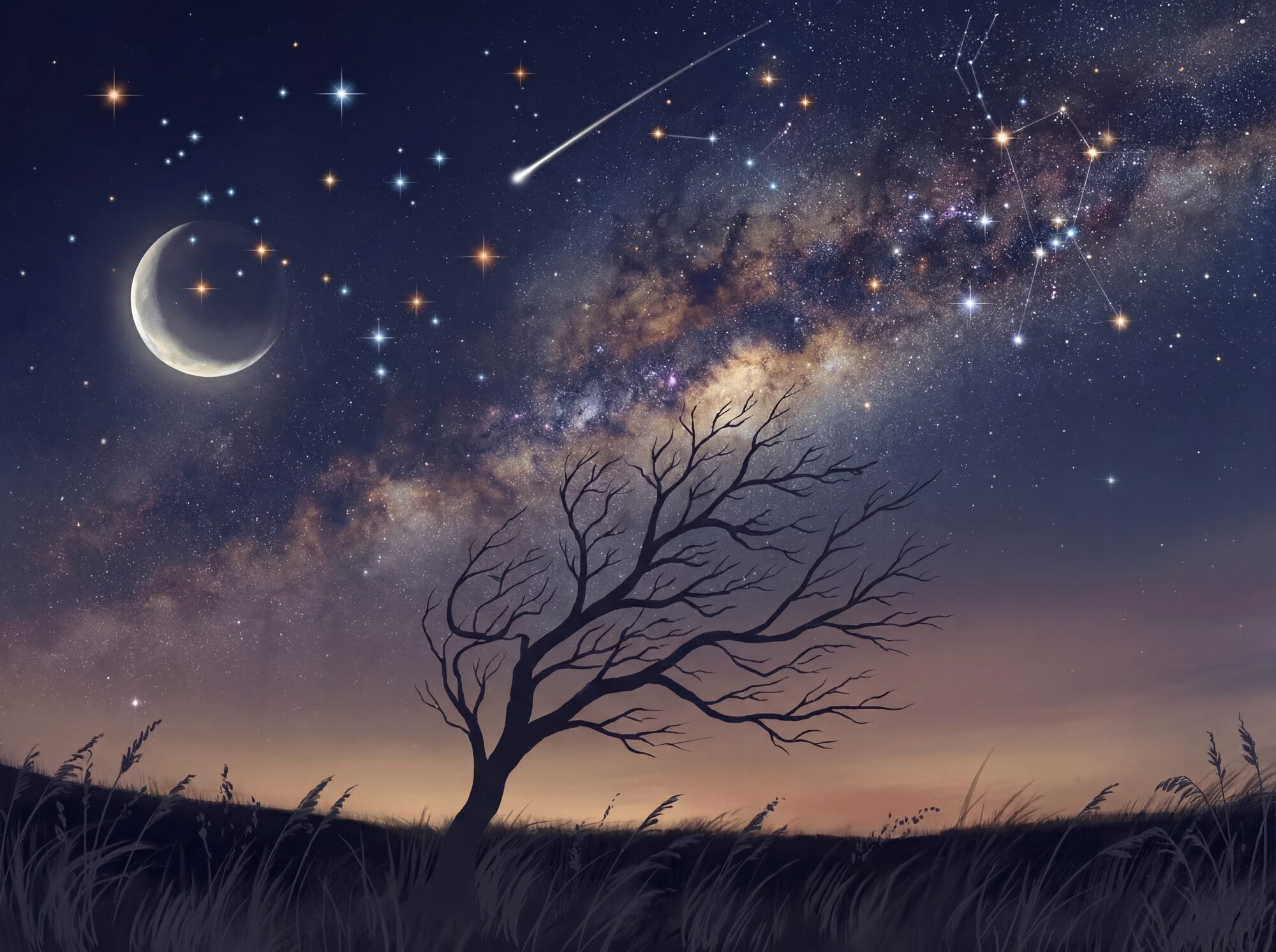 Atmospheric night-sky nocturne mural with deep navy-to-dusk-purple gradient, soft Milky Way diagonal band, Orion and Ursa Major constellations, crescent moon with gold halo, shooting star, and a lone bare tree silhouette against a hill on the horizon