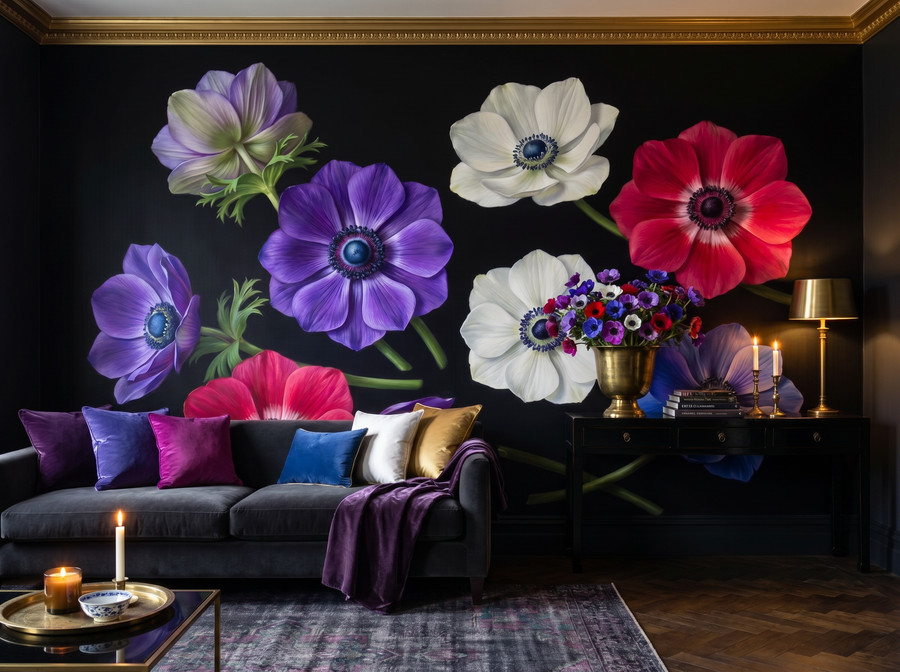 Noir Anemone scenic wallpaper mural on the feature wall of an English-country bedroom, in a moody black-and-charcoal palette — The Wall Shawl.
