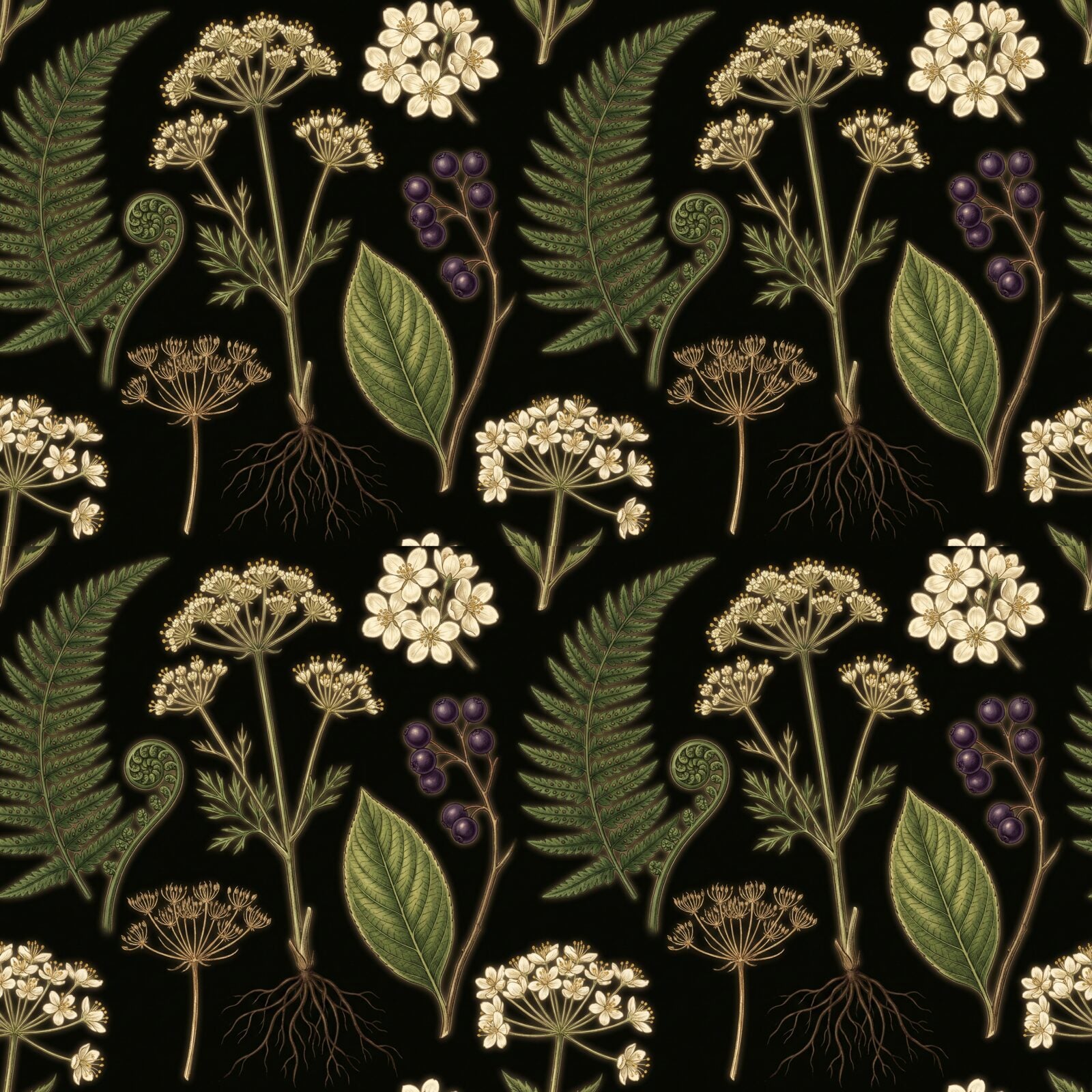 Immerse yourself in the scientific beauty of Noir Botanical, a rich, dark botanical mural with luminous greens and creams. Made to order.