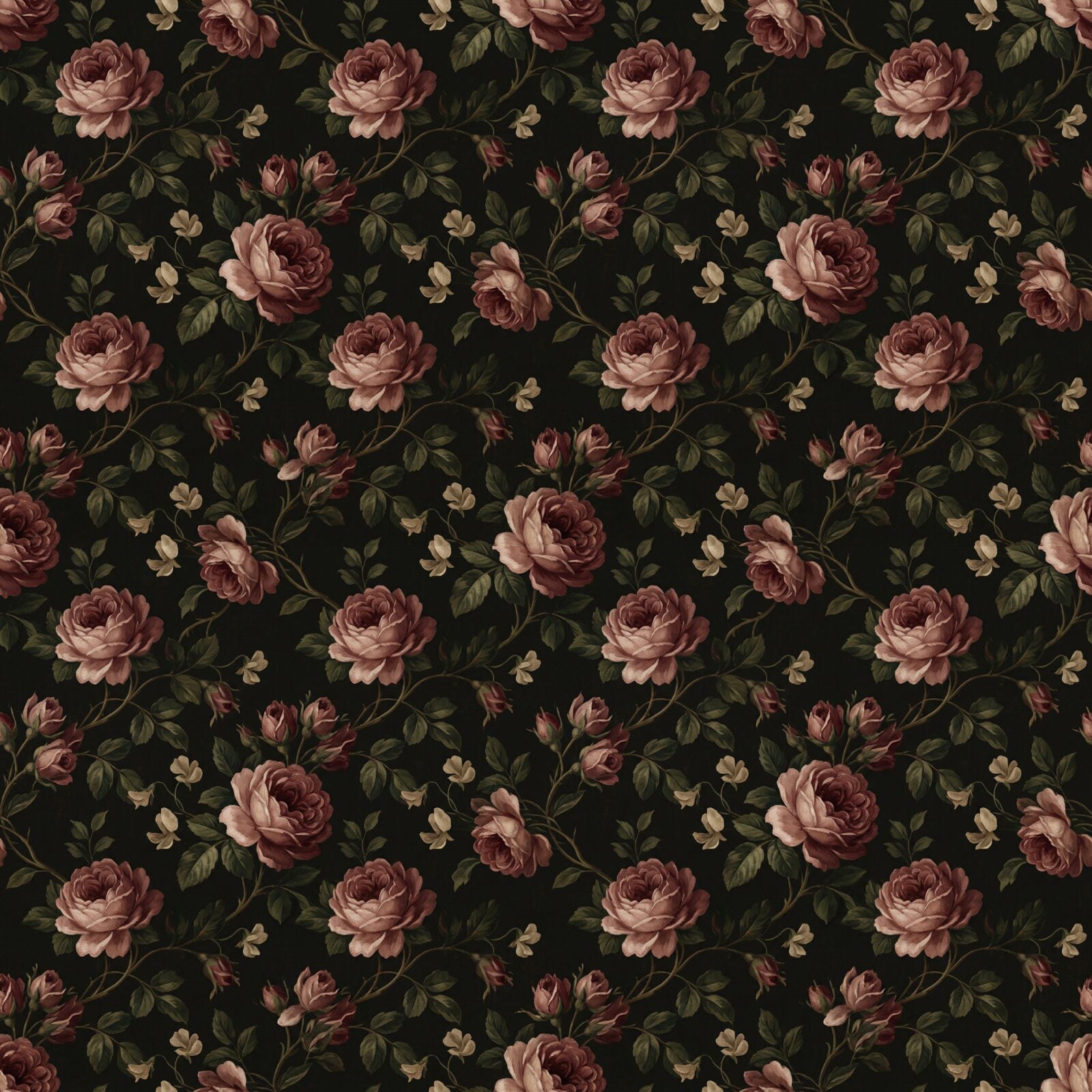 Experience the nostalgic darkness of an aged English chintz. Darkened cream, dried rose, and foxed leaf palette. Made to order.