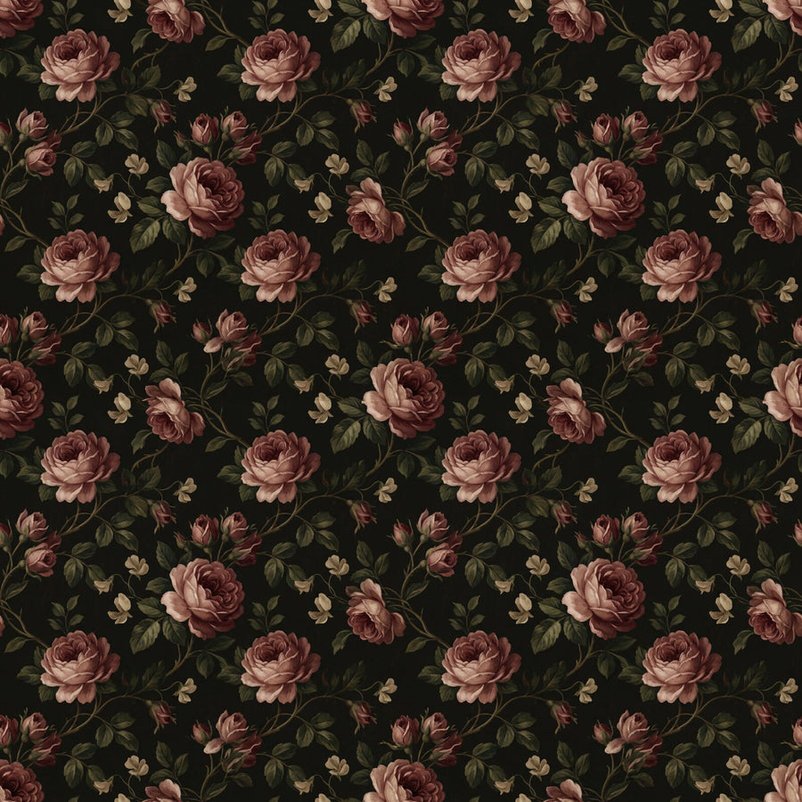 Experience the nostalgic darkness of an aged English chintz. Darkened cream, dried rose, and foxed leaf palette. Made to order.