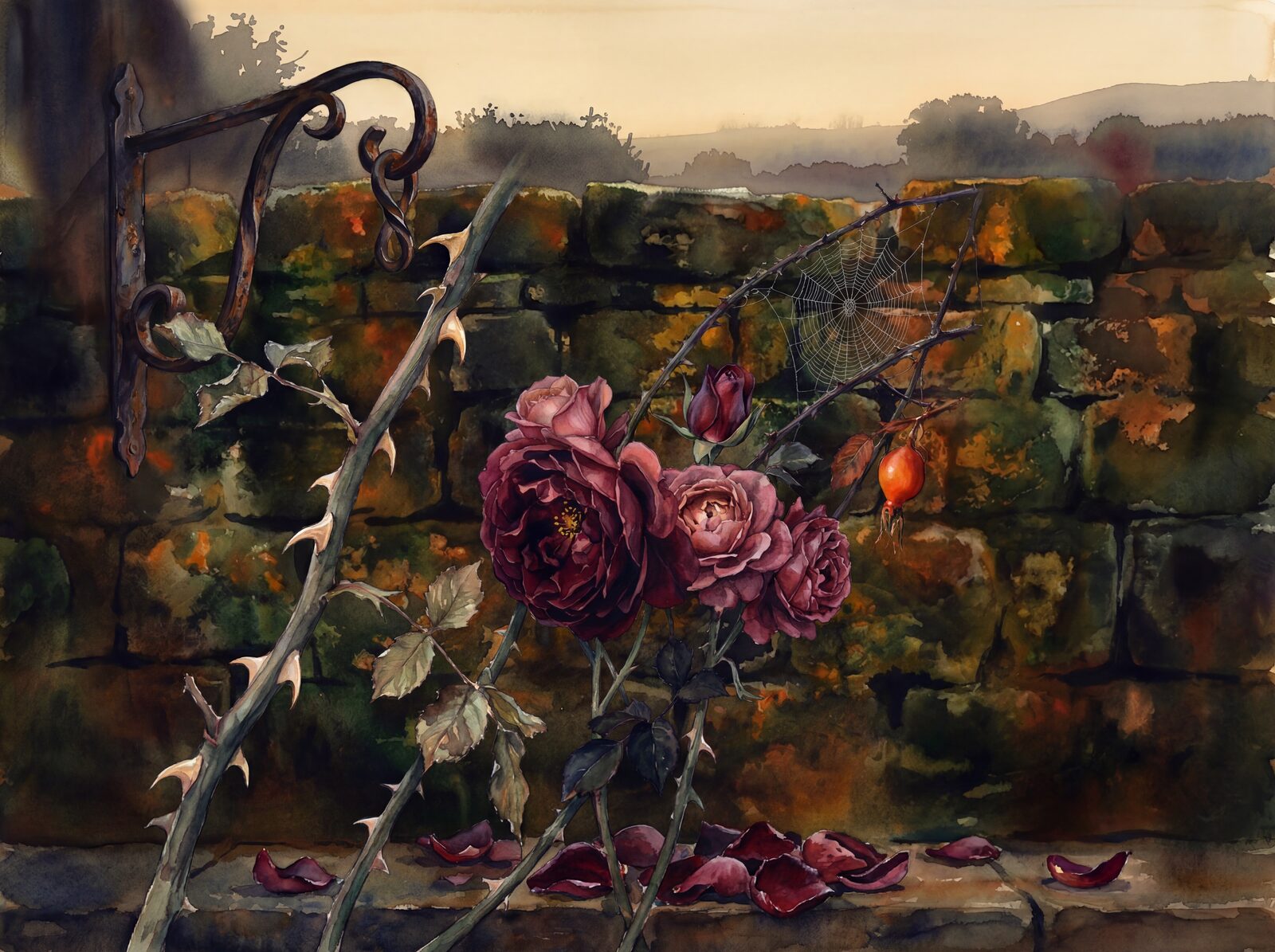 Gothic romance mural with dark crimson, charcoal, and rosehip orange. Made to order.