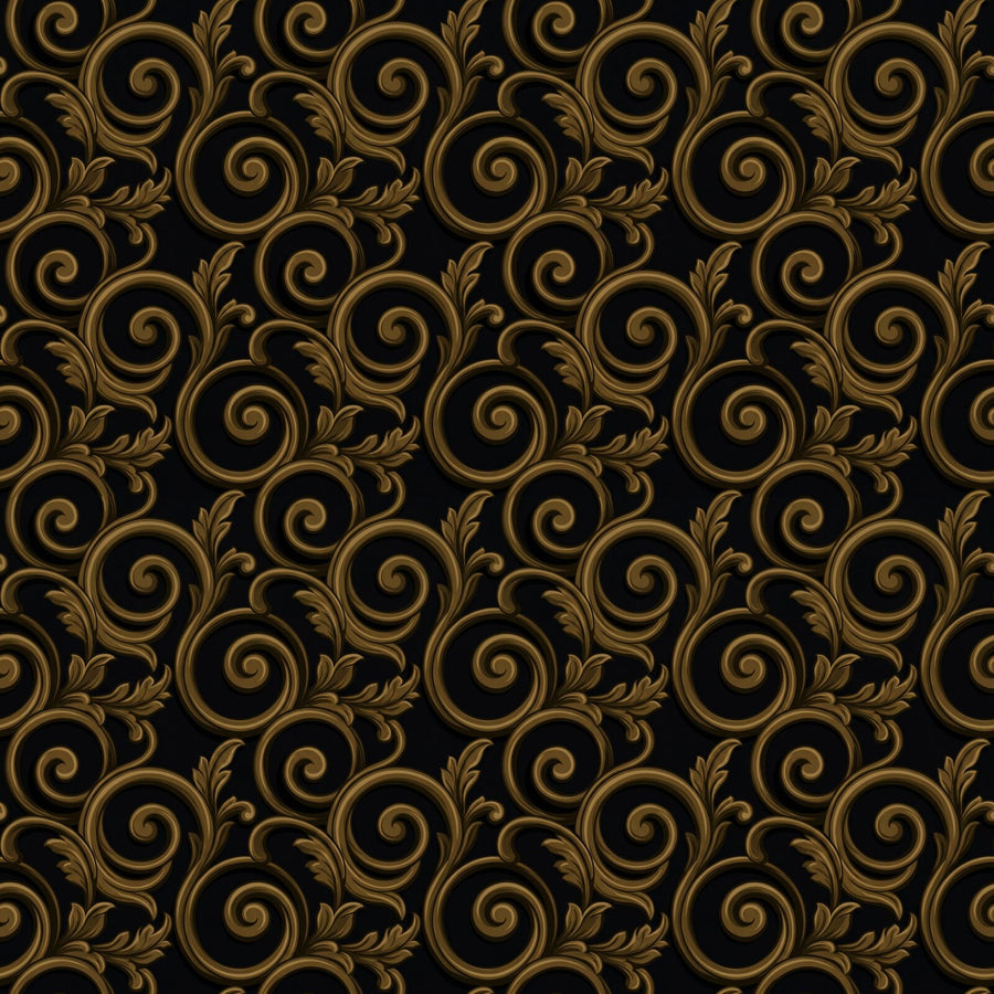 A continuous scroll of dark tarnished bronze and matte lacquer on a deep warm black ground. Made to order.