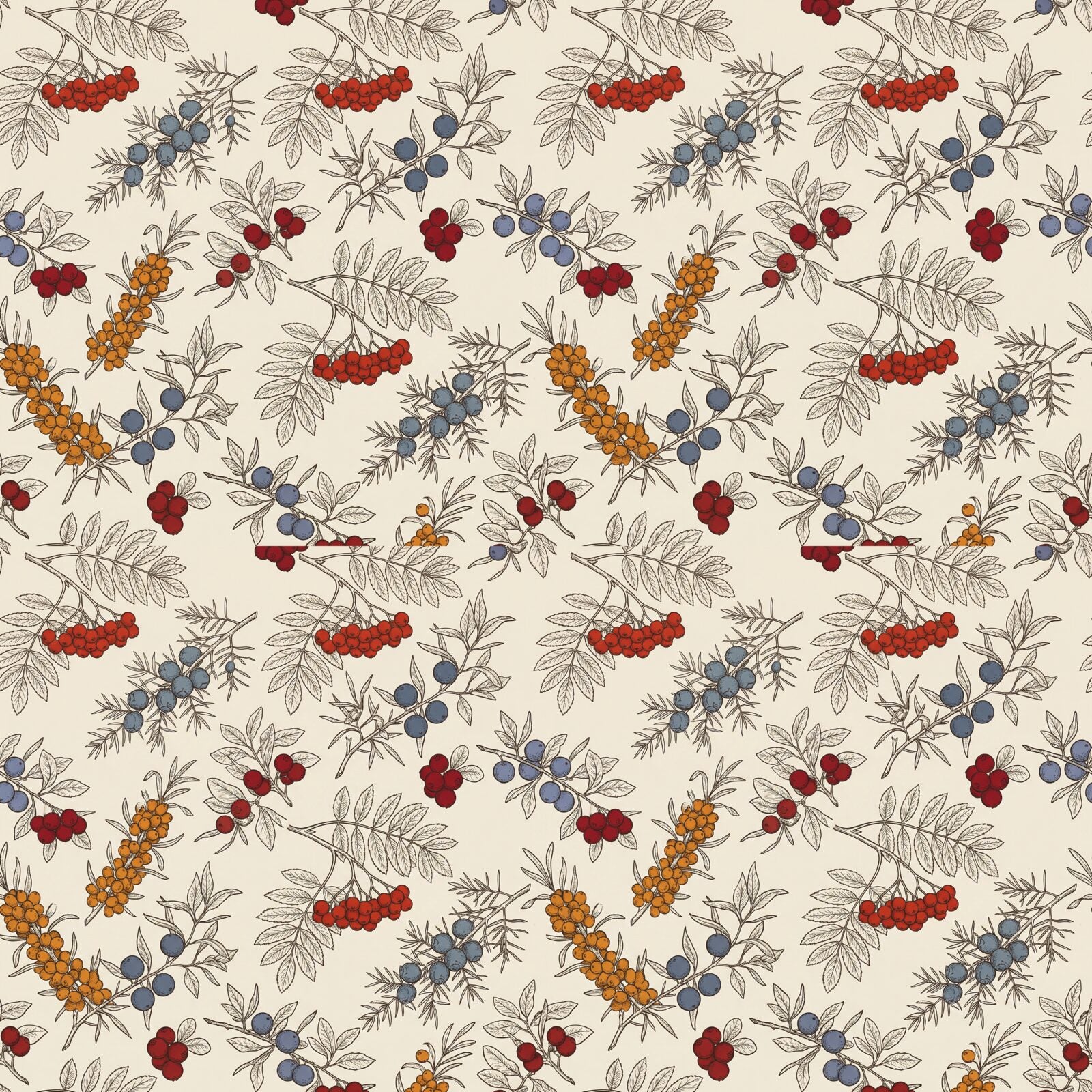 Experience the bounty of a Nordic forest harvest with this rich pattern of foraged berries. Featuring a warm cream background, rich reds, blues, and oranges. Made to order.