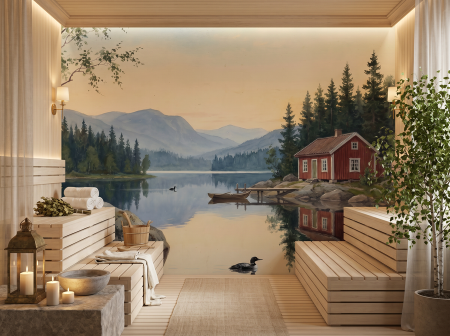 Nordic Lake scenic wallpaper mural on the feature wall of a Scandinavian living room, in a warm neutral palette — The Wall Shawl.