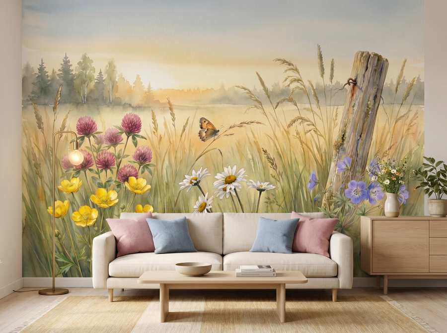 Nordic Meadow scenic wallpaper mural on the feature wall of an English-country bedroom, in a golden yellow-and-ochre palette — The Wall Shawl.