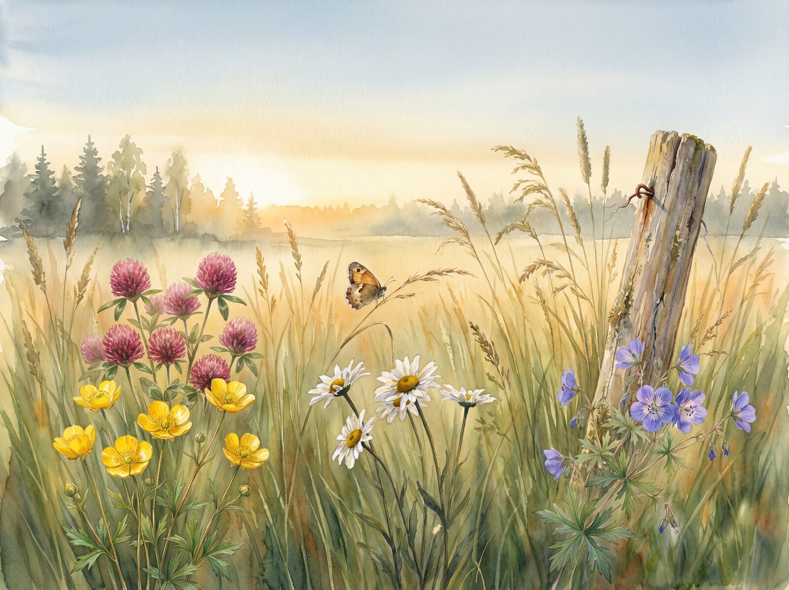 Scenic mural wallpaper featuring a Swedish summer meadow with Meadow Gold, Buttercup, and Cranesbill Blue hues. Made to order.