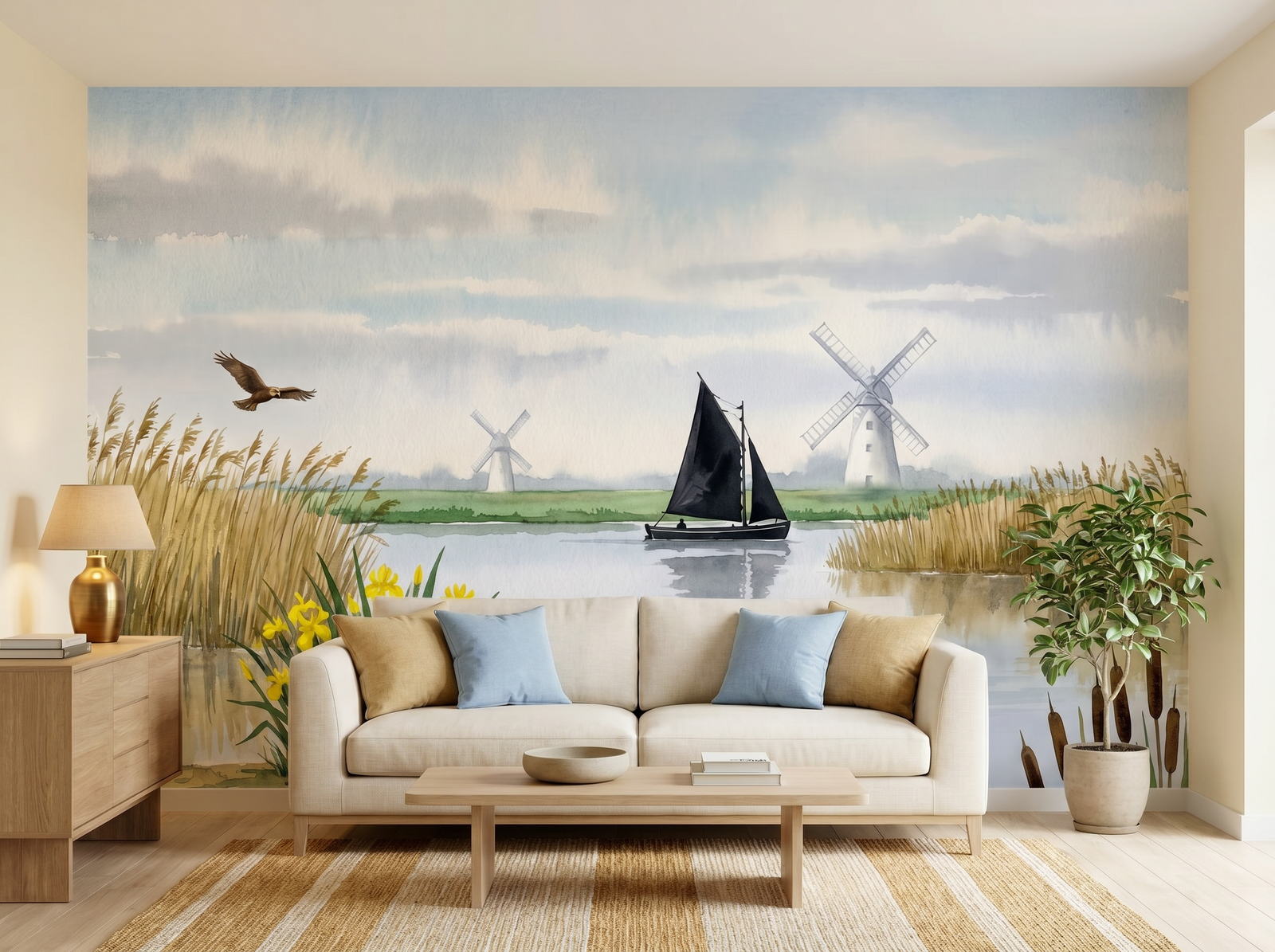 Norfolk Broads scenic wallpaper mural on the feature wall of an English-country bedroom, in a cool blue palette — The Wall Shawl.