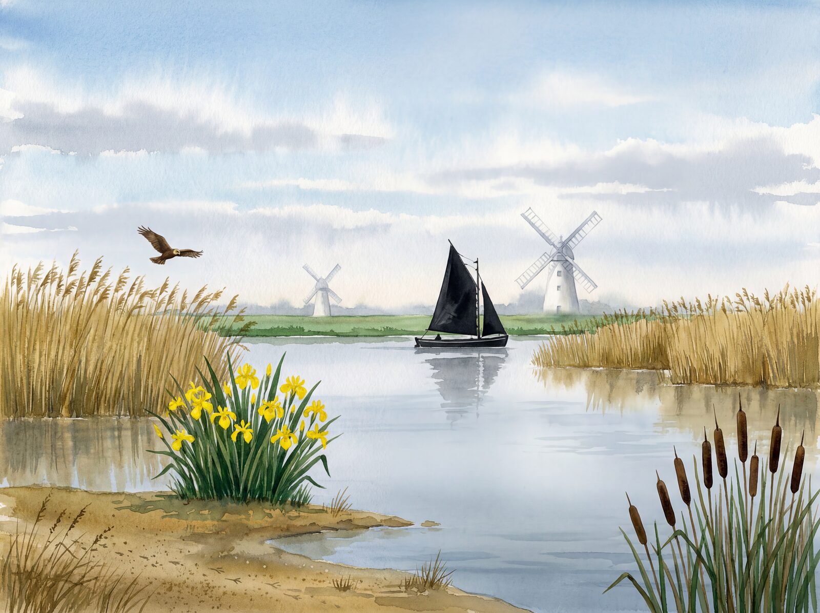 Scenic mural wallpaper featuring reed beds, open water, and windmills in a peaceful palette. Made to order.