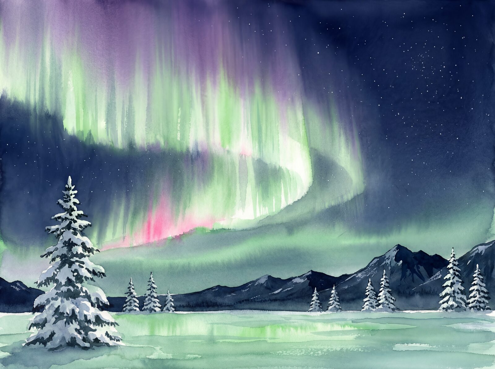 Scenic mural wallpaper featuring aurora borealis in pale green, purple, and pink hues. Made to order.