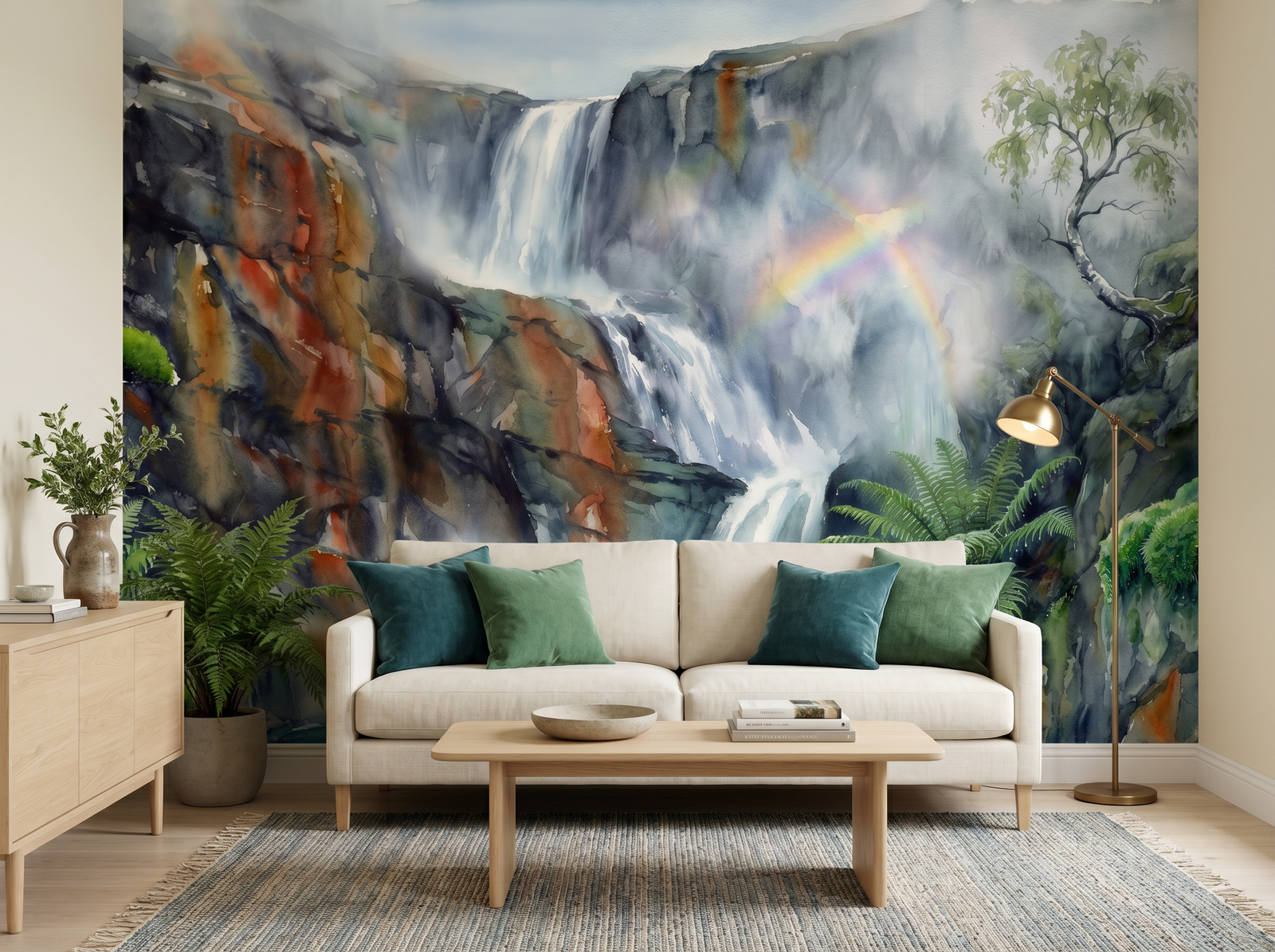 Norwegian Waterfall scenic wallpaper mural on the feature wall of a biophilic bathroom, in a cool blue palette — The Wall Shawl.