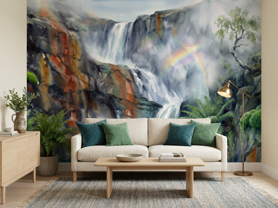 Norwegian Waterfall scenic wallpaper mural on the feature wall of a biophilic bathroom, in a cool blue palette — The Wall Shawl.