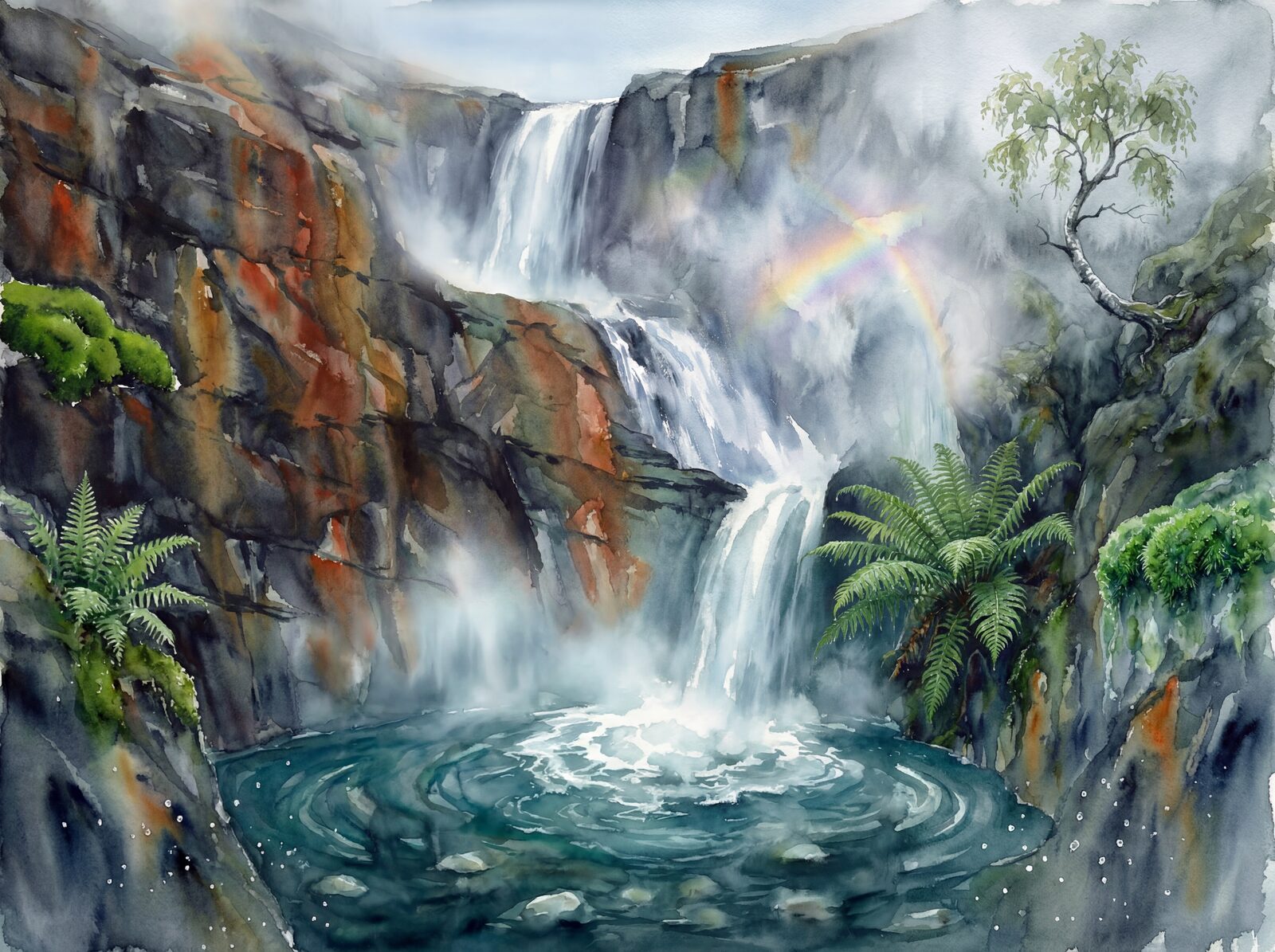 Scenic mural wallpaper featuring a Norwegian waterfall with Cascade White, Wet Rock Dark, and Moss Emerald hues. Made to order.