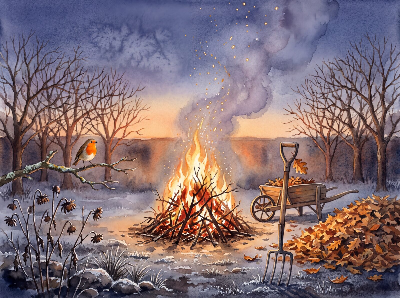 Scenic mural wallpaper featuring a bonfire in a November garden with Bonfire Gold, Smoke Grey, and Ember Red. Made to order.
