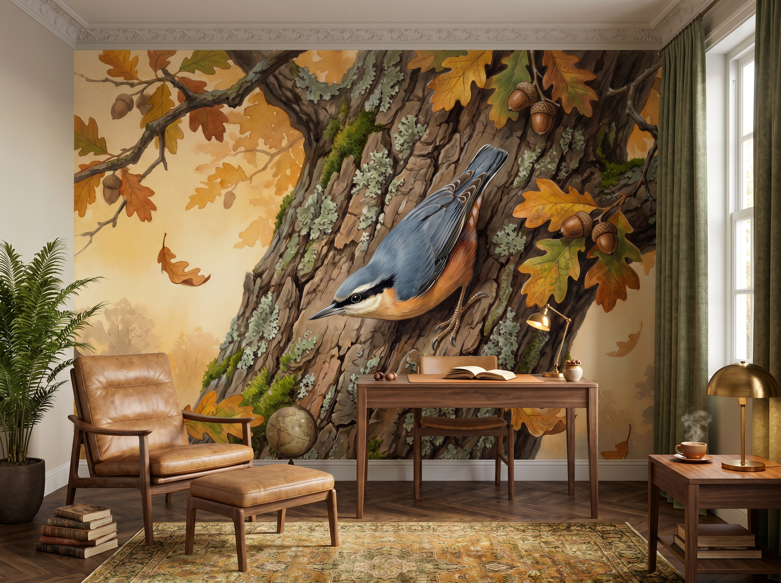 Nuthatch Descent scenic wallpaper mural on the feature wall of an English-country study, in a warm brown-and-taupe palette — The Wall Shawl.