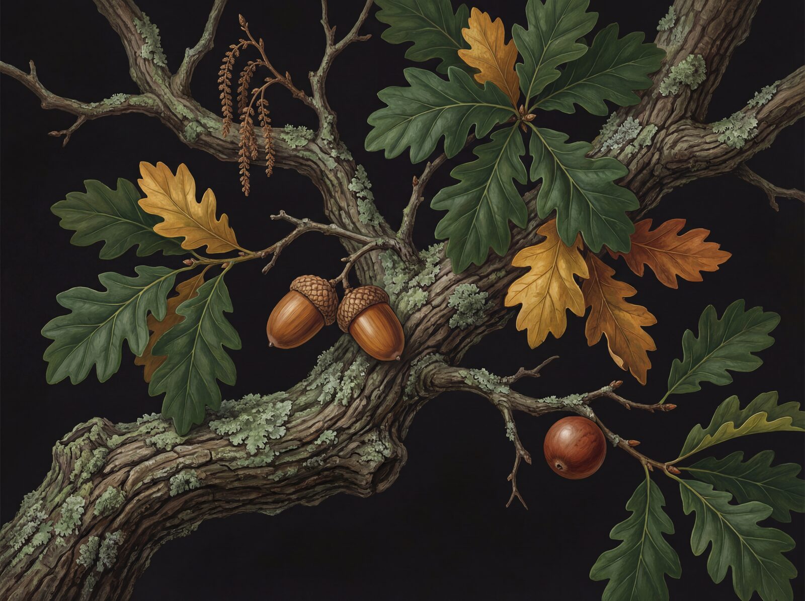 Immerse yourself in the ancient beauty of an English oak. Rich greens, browns, and golds on a deep ground. Made to order.