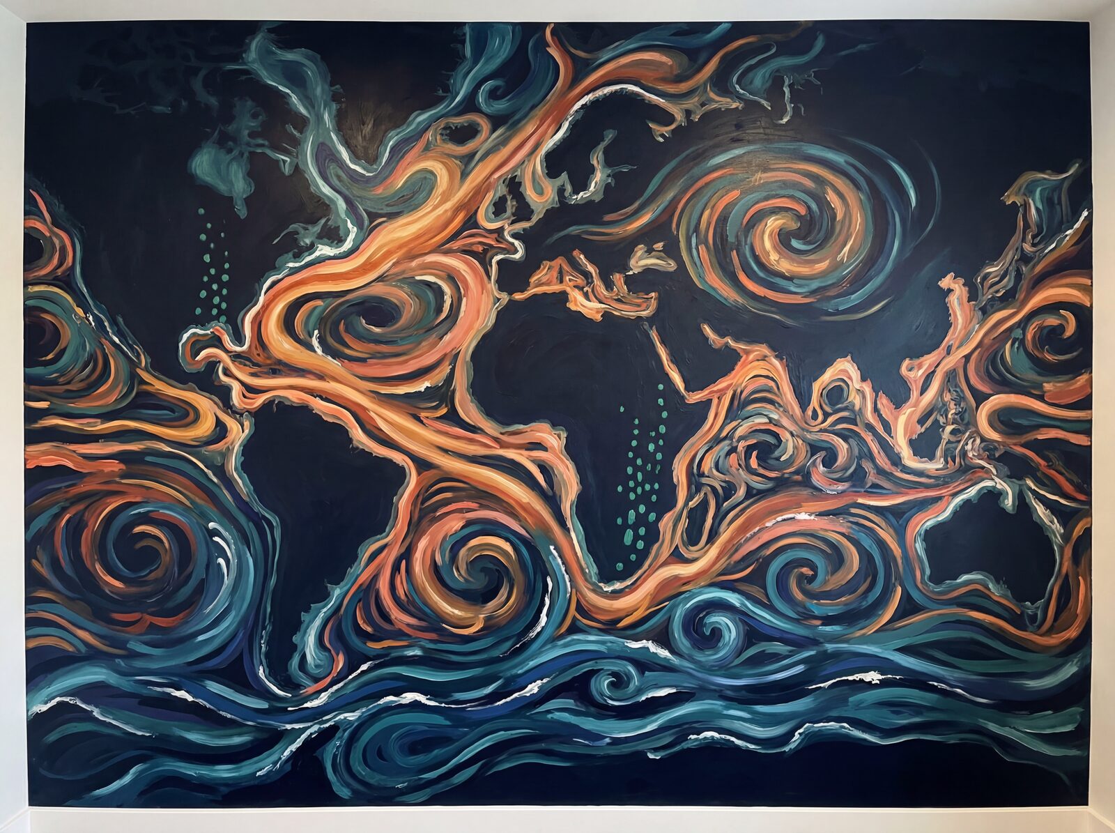 Hypnotic ocean current visualisation mural in deep blues, amber, and teal. Made to order.