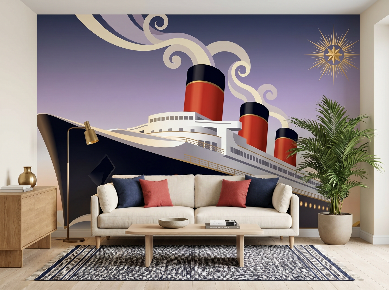 Ocean Liner scenic wallpaper mural on the feature wall of a coastal dining room, in a moody black-and-charcoal palette — The Wall Shawl.
