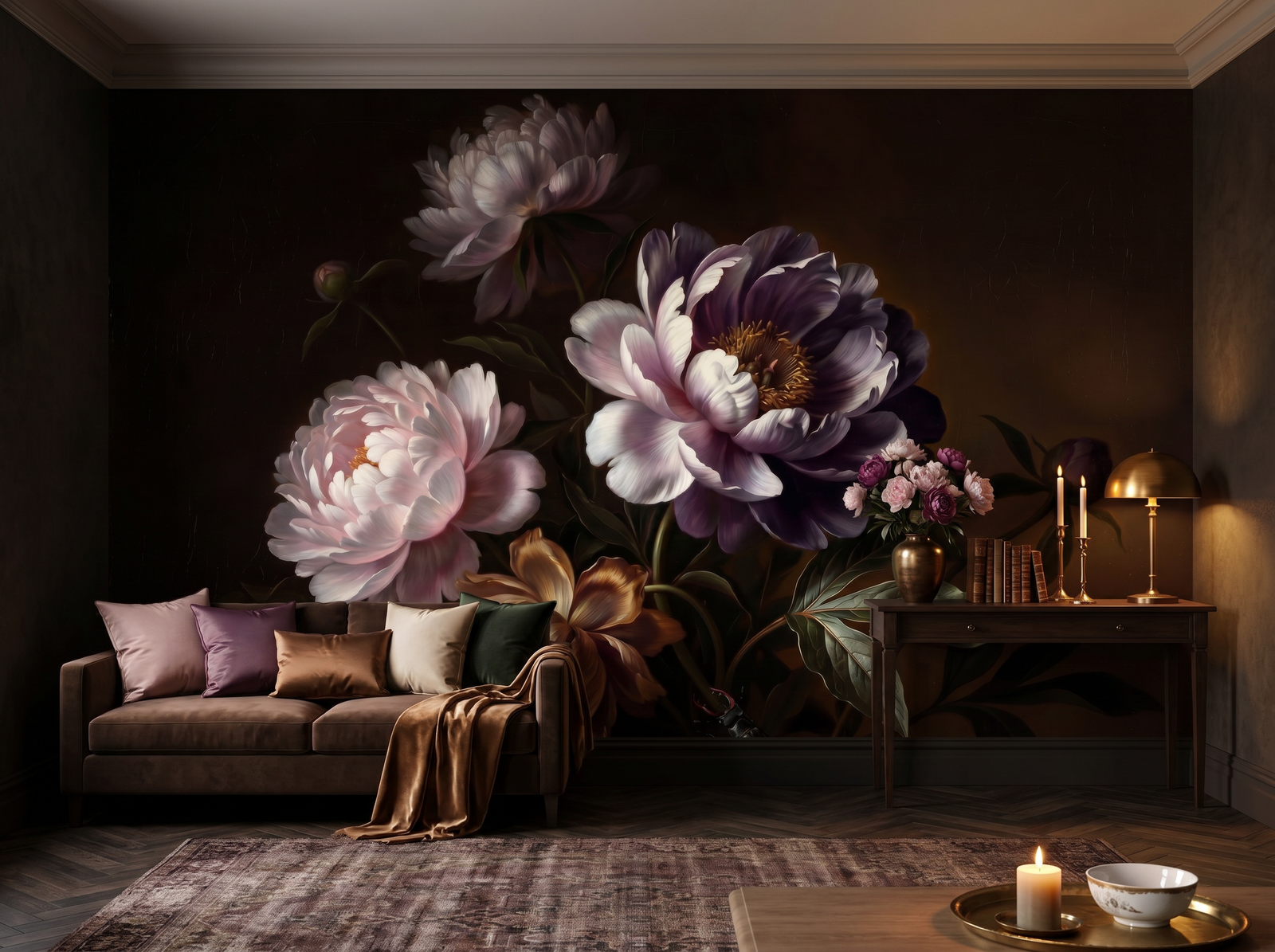 Old Master Peony scenic wallpaper mural on the feature wall of an English-country dining room, in a moody black-and-charcoal palette — The Wall Shawl.