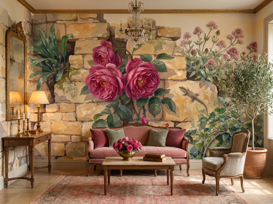 Old Wall Rose scenic wallpaper mural on the feature wall of an English-country study, in a soft grey palette — The Wall Shawl.