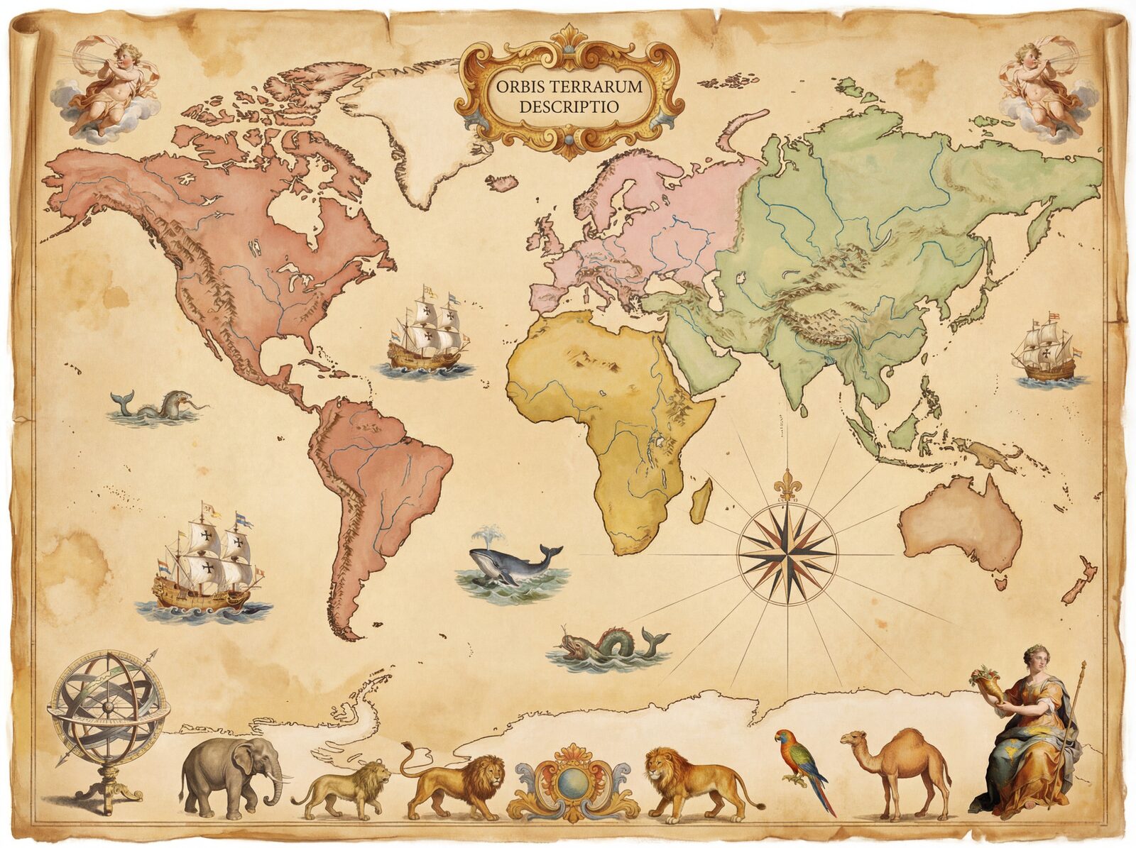 Journey through an imagined world of continents and curious creatures. Vellum Cream, Engraver's Black, Territorial Pink, Ocean Sage. Made to order.