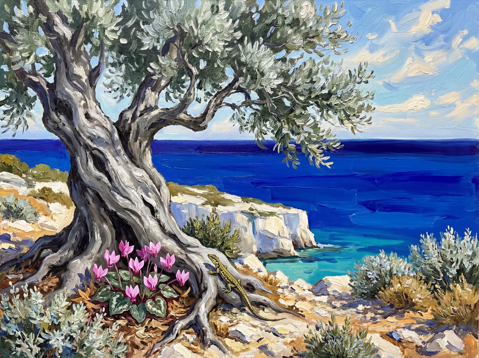 Mural wallpaper featuring an ancient olive tree, Silver Bark, Fissure Black, and Lapis Sea. Made to order.