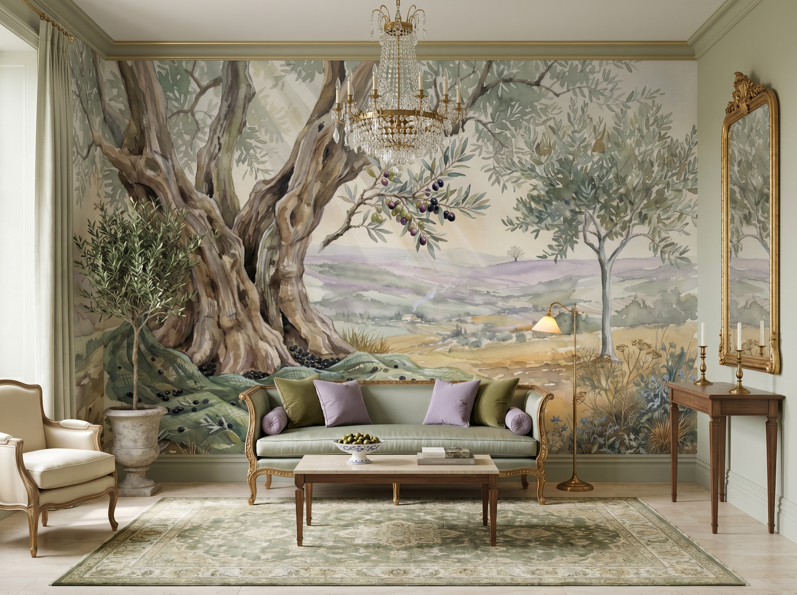 Olive Harvest scenic wallpaper mural on the feature wall of a Mediterranean kitchen, in a warm brown-and-taupe palette — The Wall Shawl.