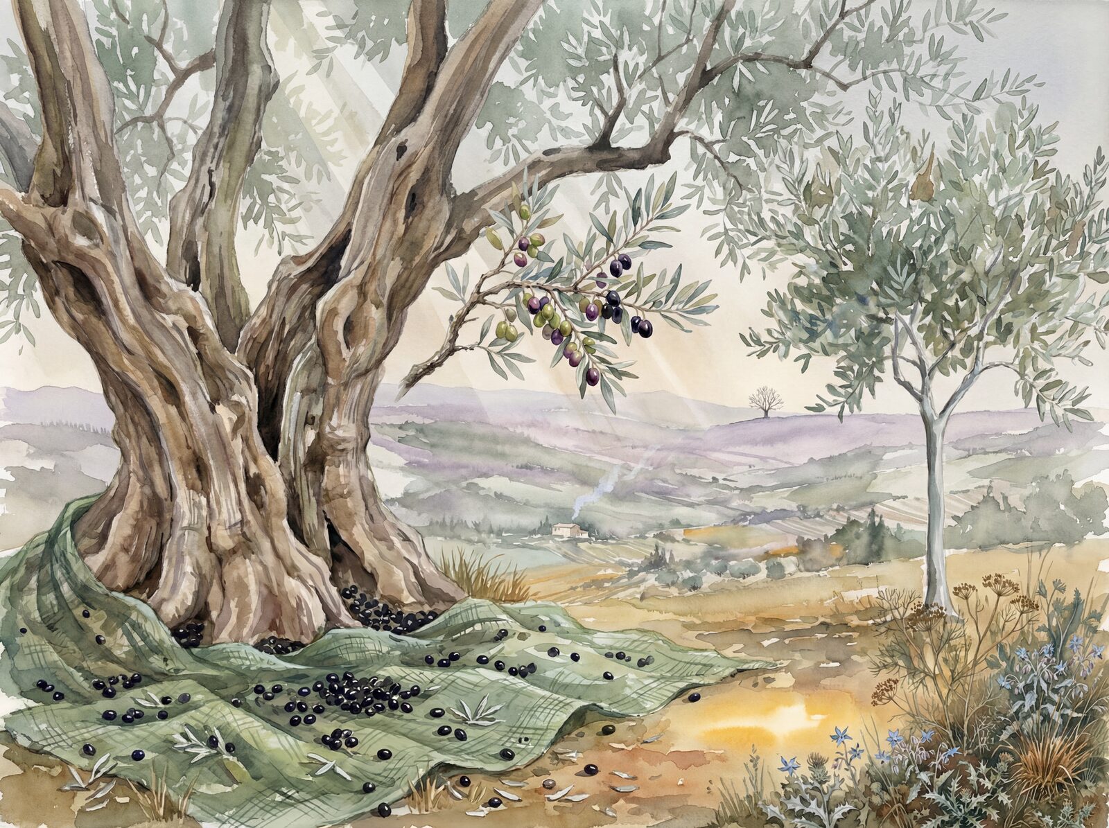 Scenic mural wallpaper featuring olive trees, silver leaf, ancient bark, and earthy tones. Made to order.