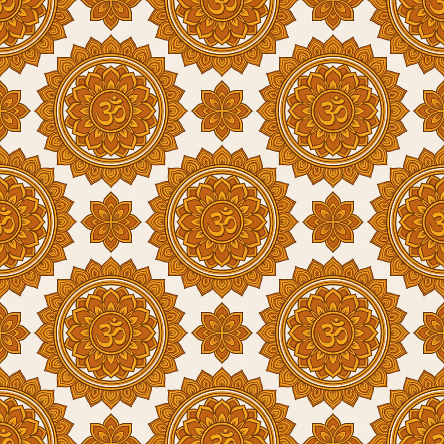 Experience the sacred resonance of our Om Mandala mural wallpaper, featuring saffron, gold and deep burgundy. Made to order.