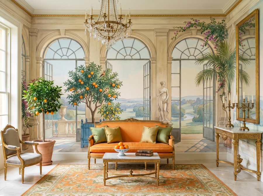 Orangery View scenic wallpaper mural on the feature wall of an English-country living room, in a warm orange palette — The Wall Shawl.